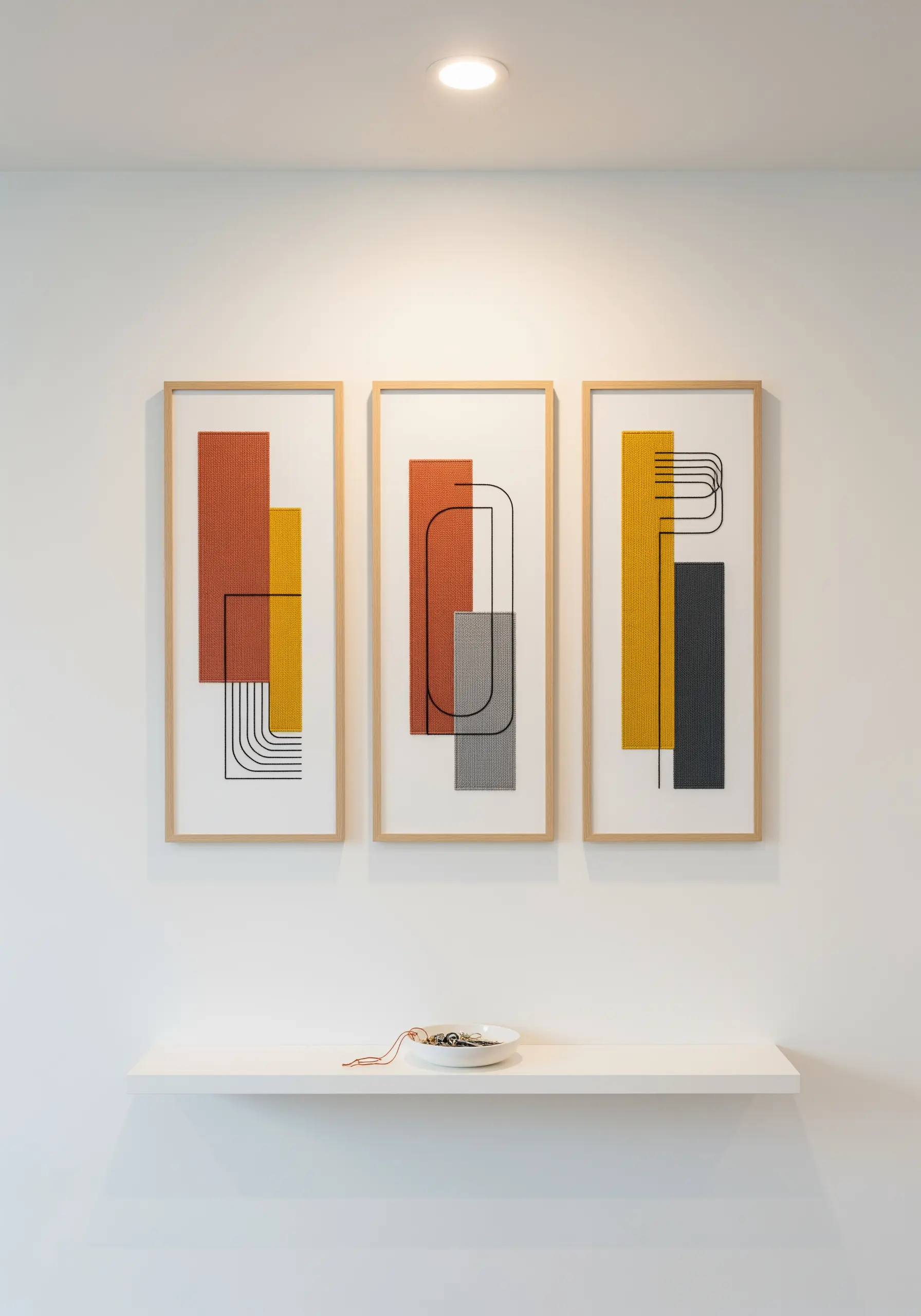 A triptych of framed abstract embroidery with geometric shapes and black lines.