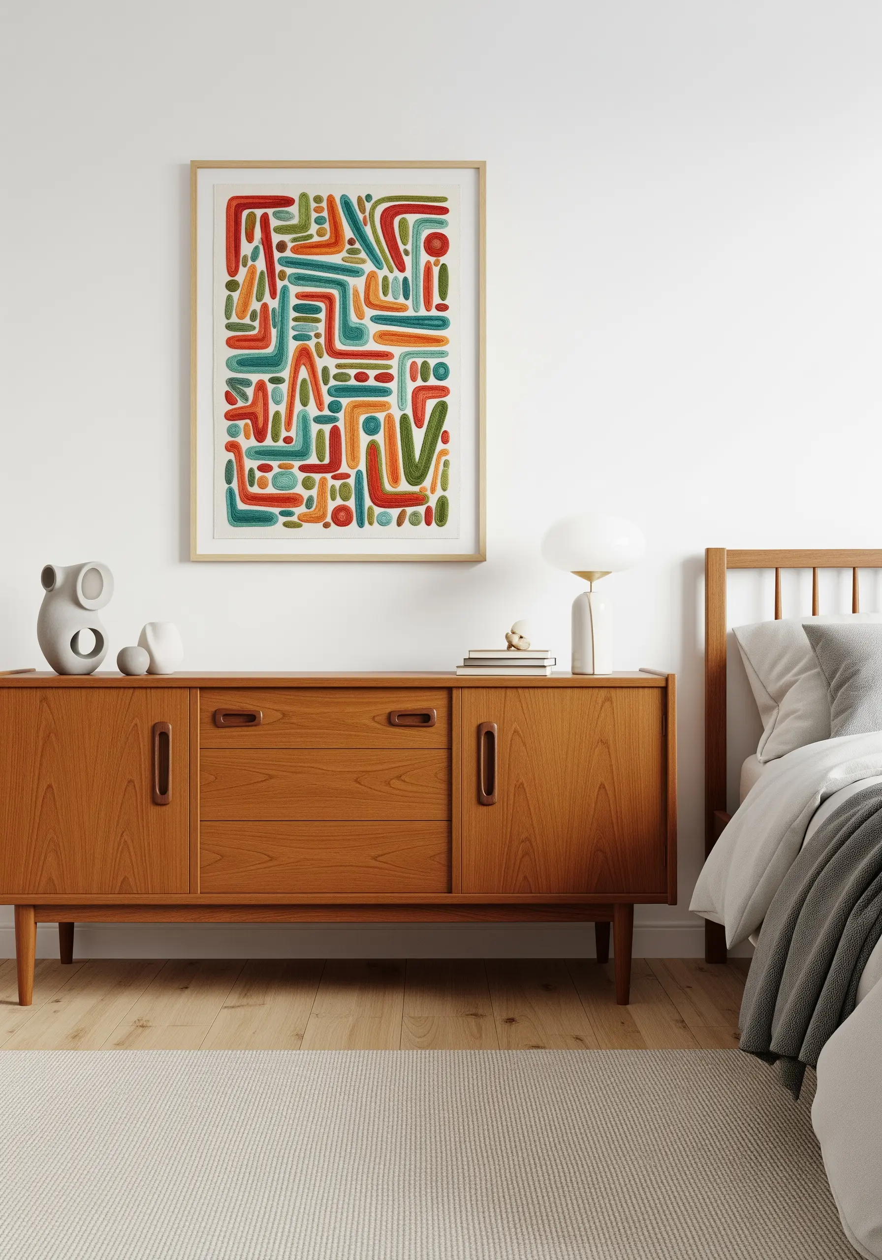 Framed abstract embroidery with bold, colorful satin-stitched shapes and lines.