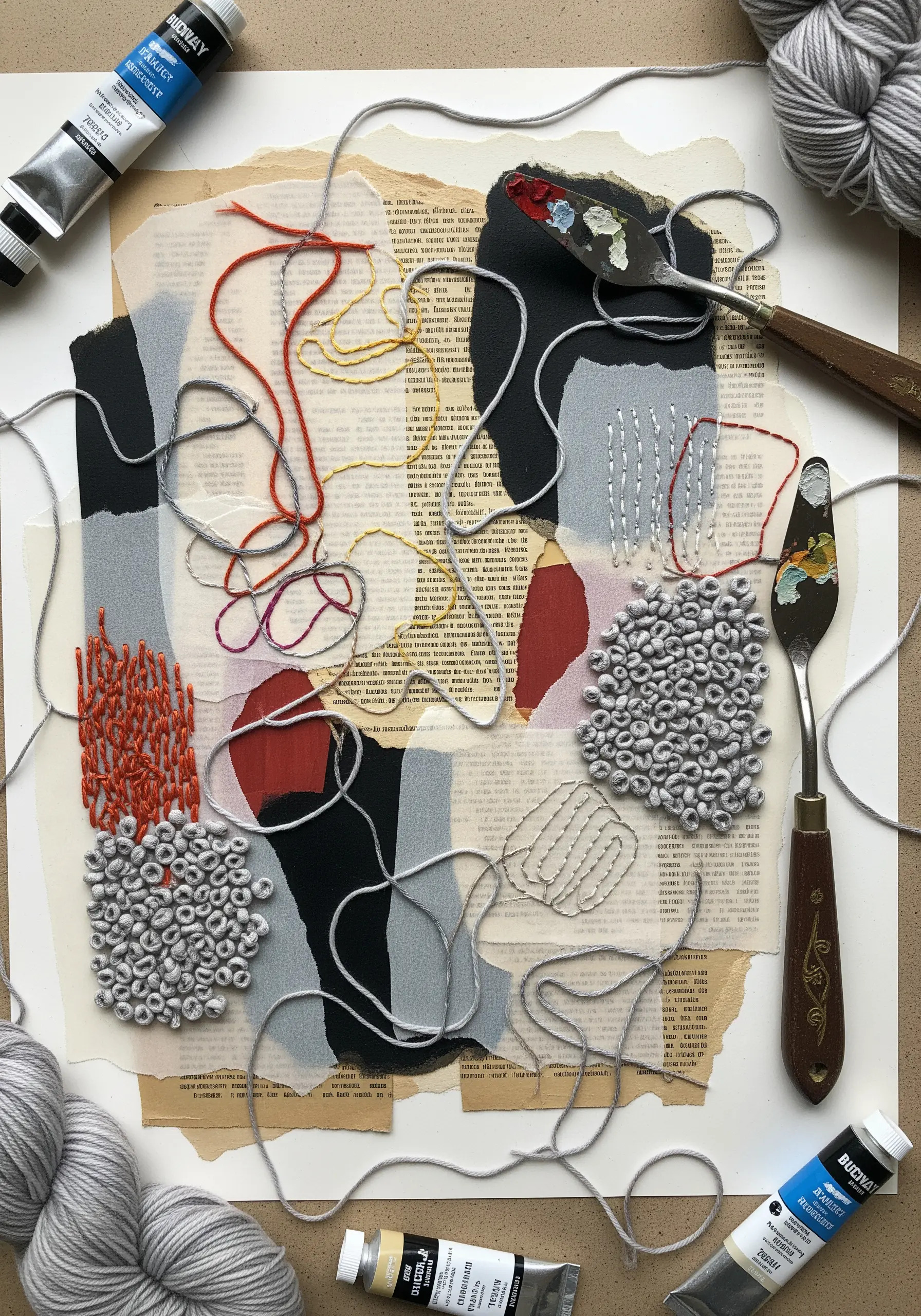 Abstract mixed-media art with paint, collage, yarn, French knots, and satin stitch.