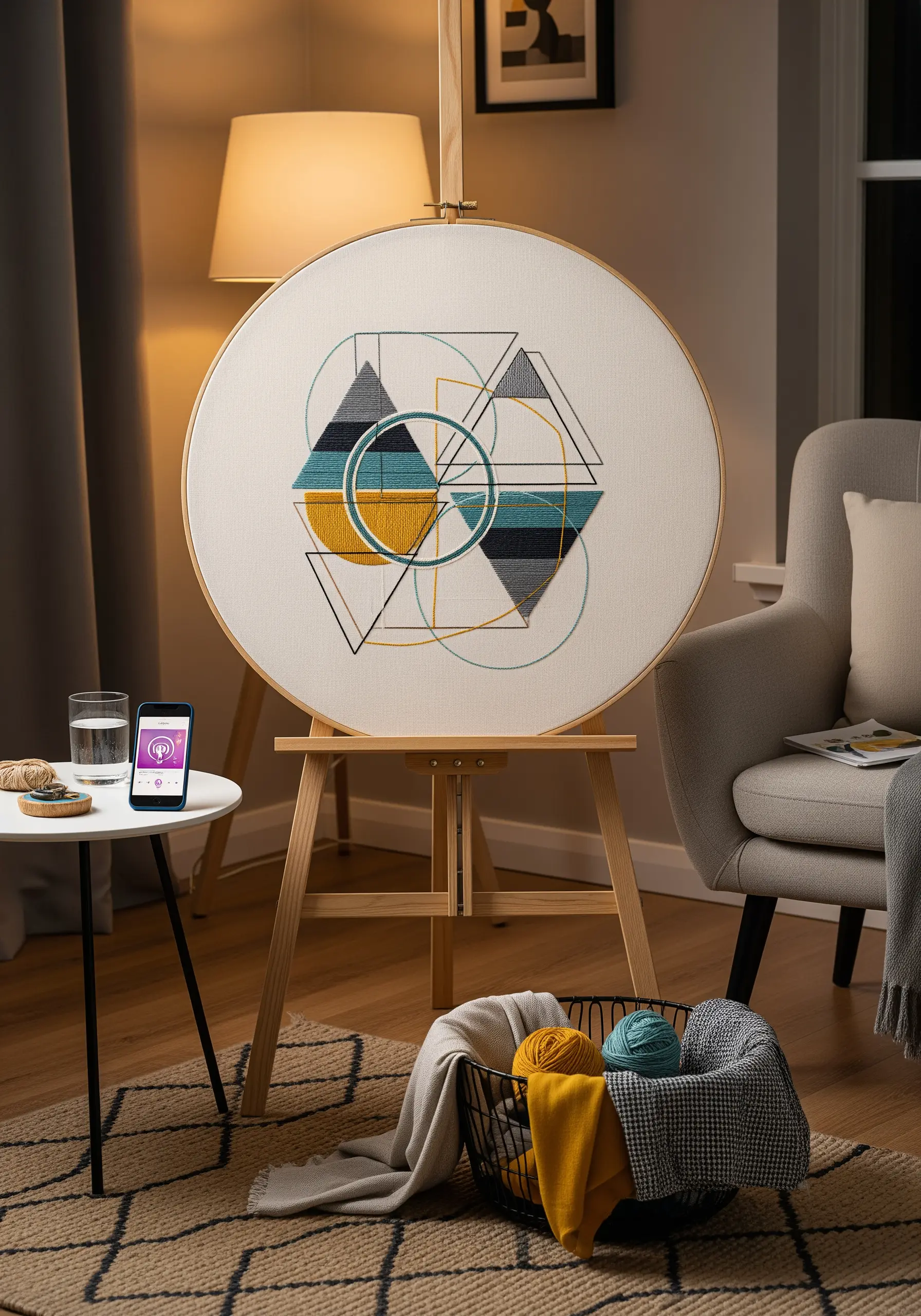 An oversized embroidery hoop on an easel featuring an abstract geometric design.