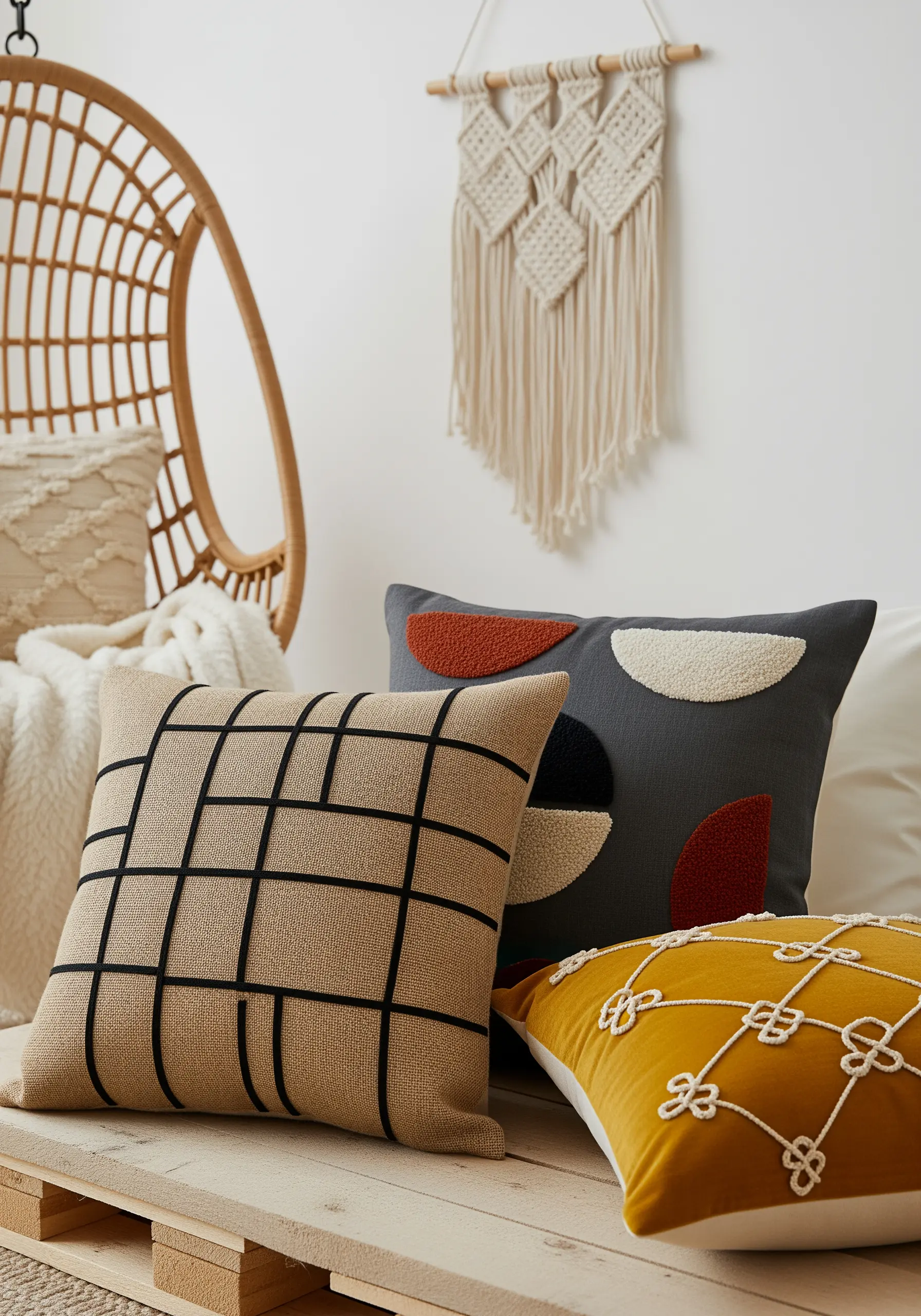 Modern embroidered pillows with abstract shapes and a bold black grid pattern.