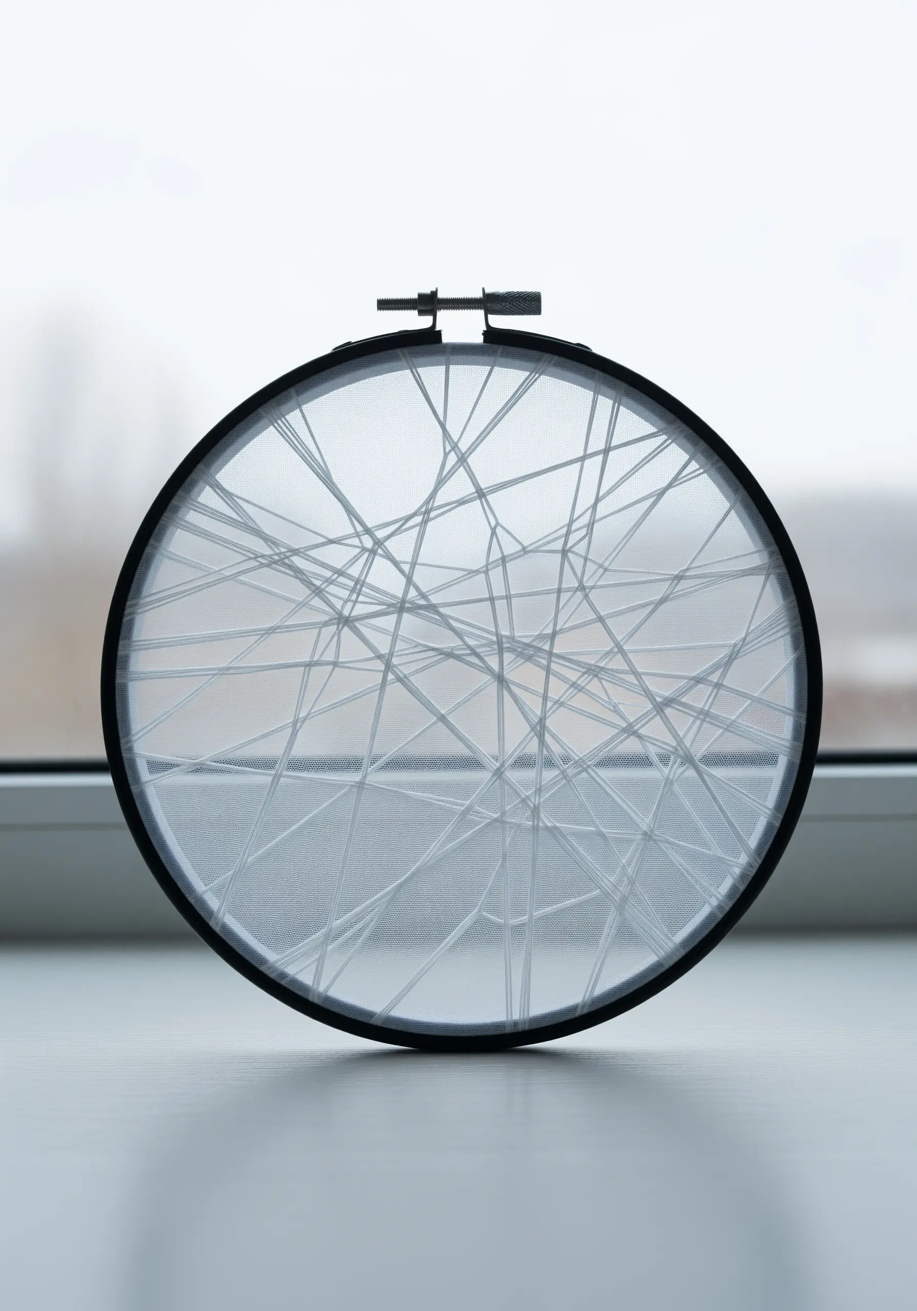 Abstract art in a black hoop, created by wrapping white threads across sheer fabric.