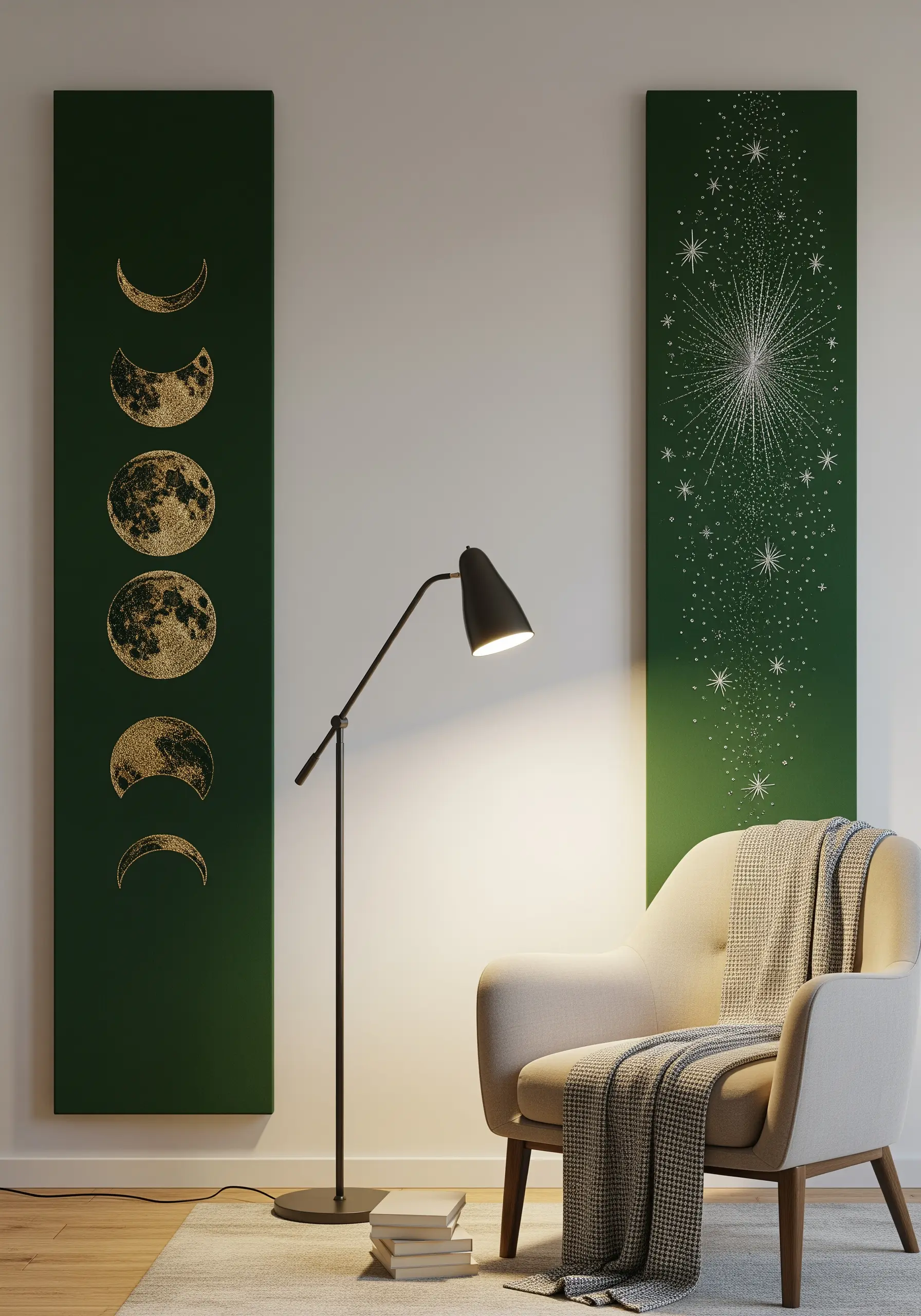 Two tall, narrow green canvases, one with embroidered moon phases, the other with a starburst.