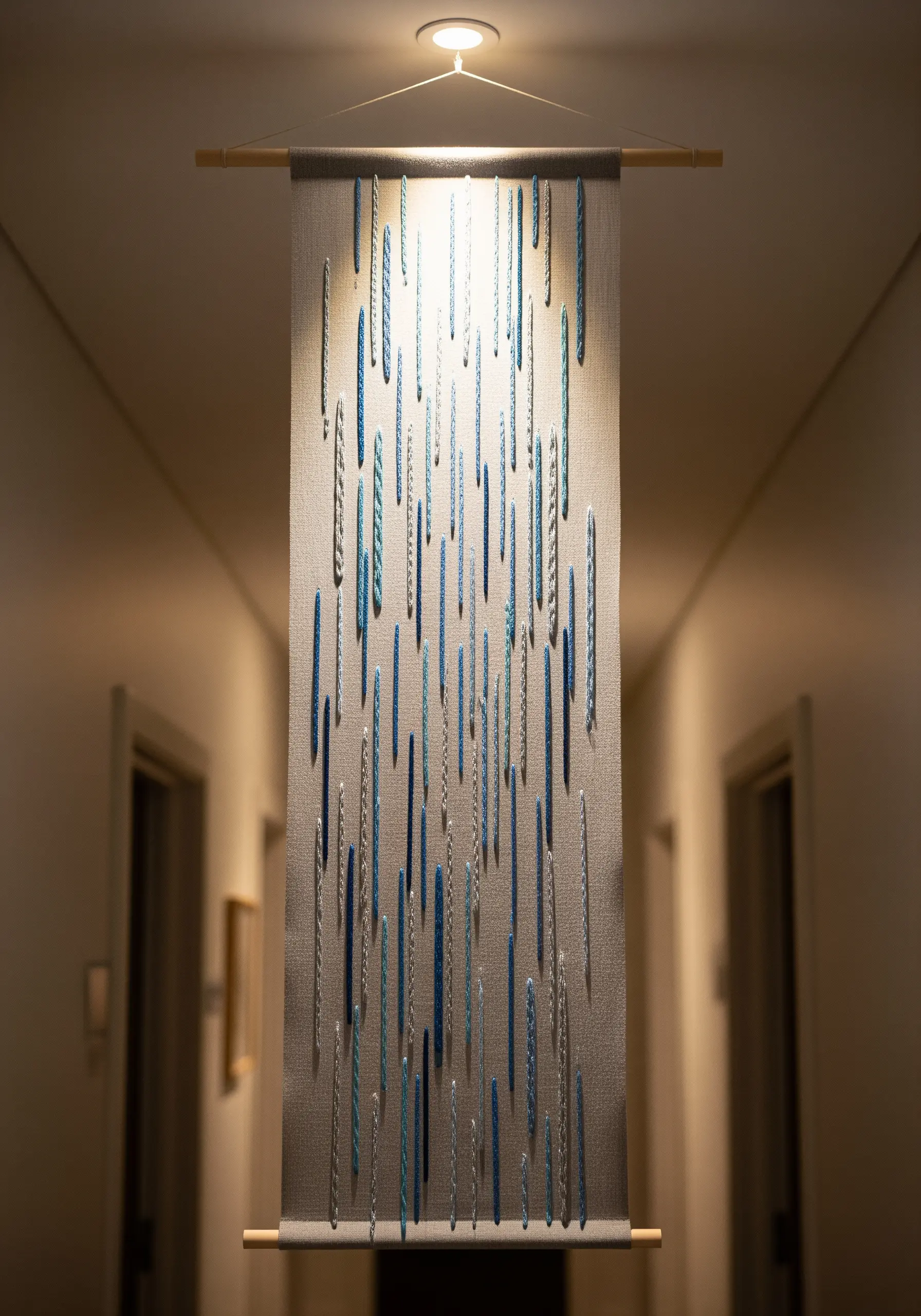 A linen wall hanging with vertical, dimensional stitches in shades of blue, gray, and green.