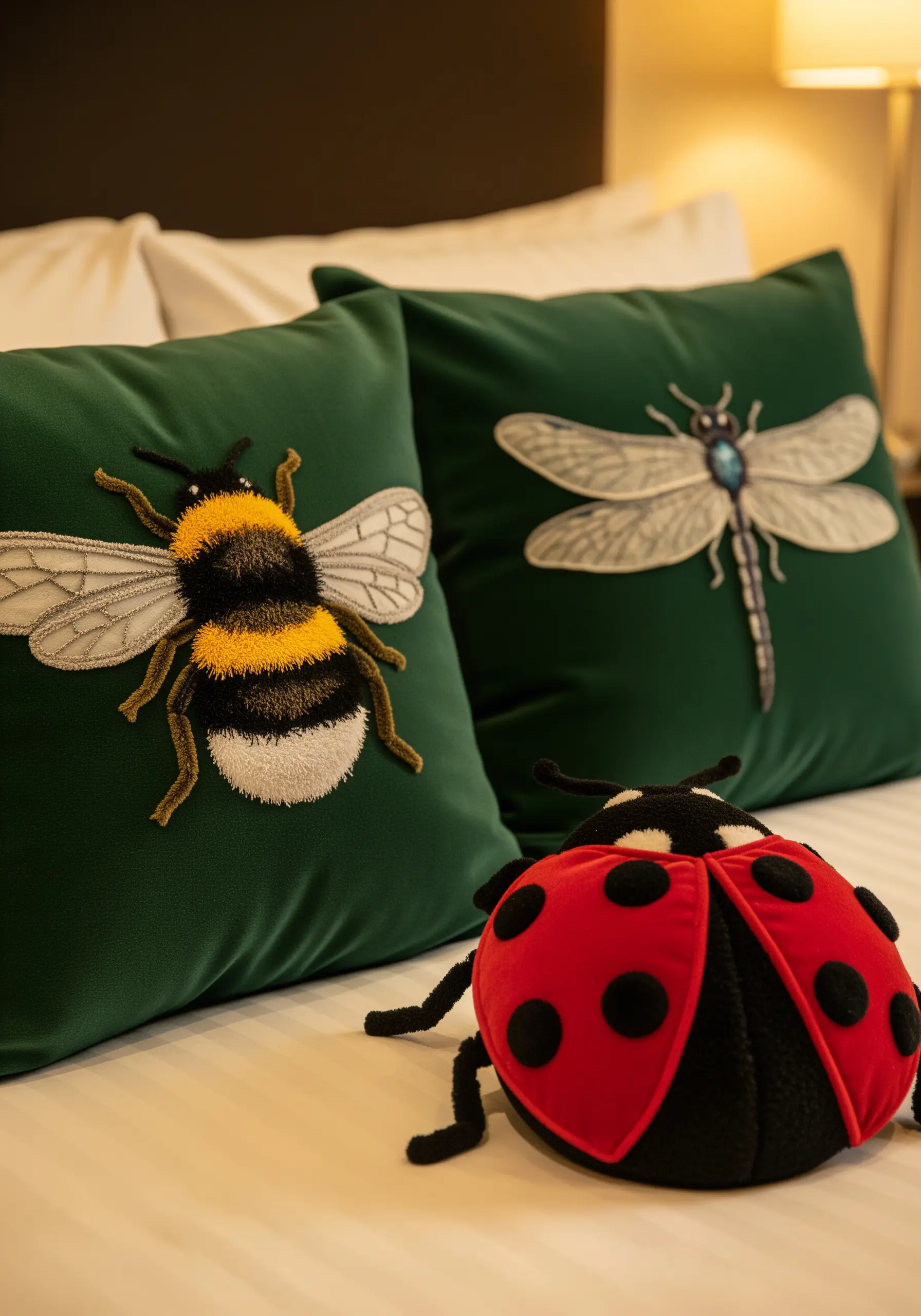 Dimensional embroidery of a bumblebee and a dragonfly on dark green velvet pillows.