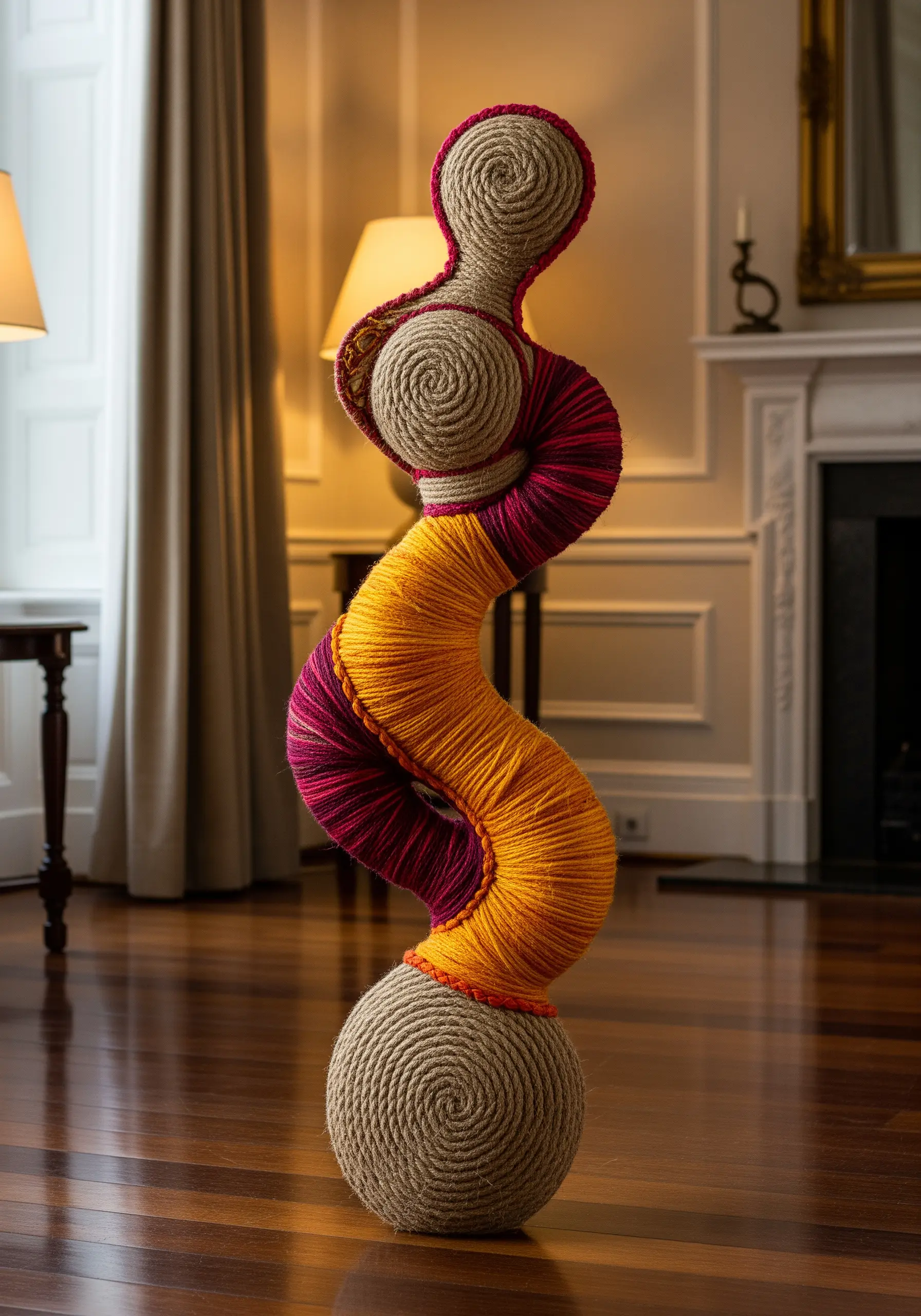A curvy, abstract sculpture wrapped tightly in sections of beige, magenta, and orange yarn.