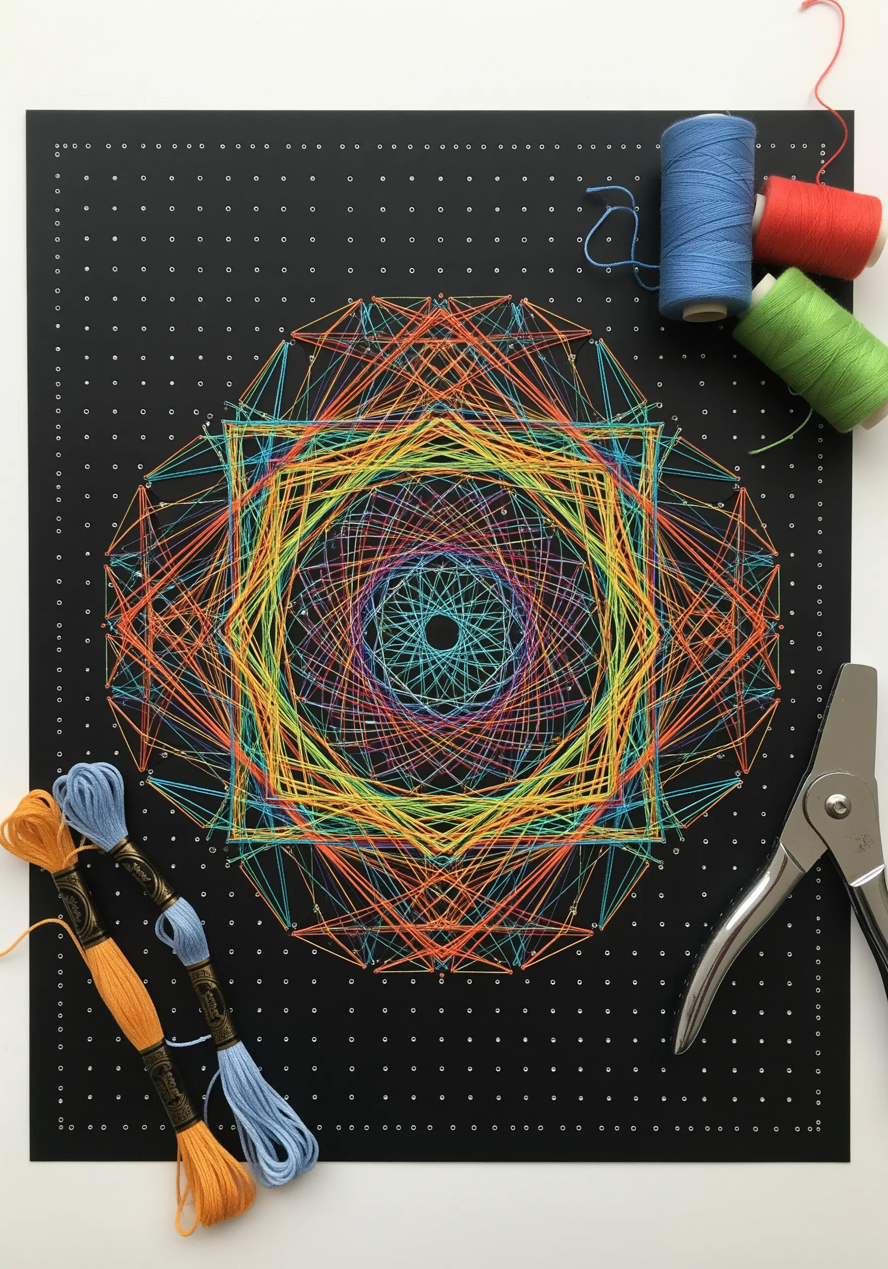 Geometric string art with rainbow-colored thread on a black cardstock background with a grid of holes.