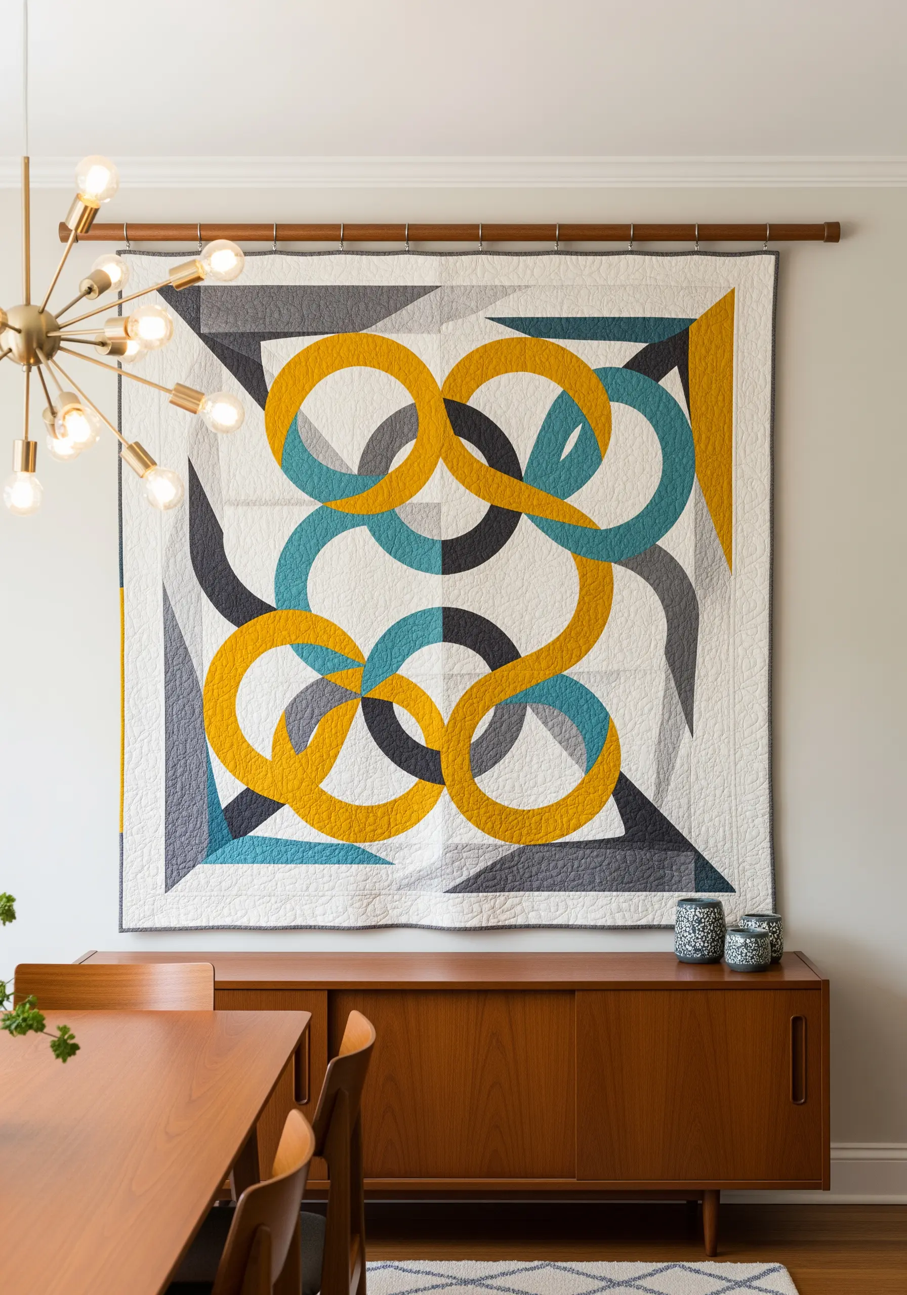 A large, modern quilt with interlocking geometric circles in yellow, teal, and gray hanging on a wall.