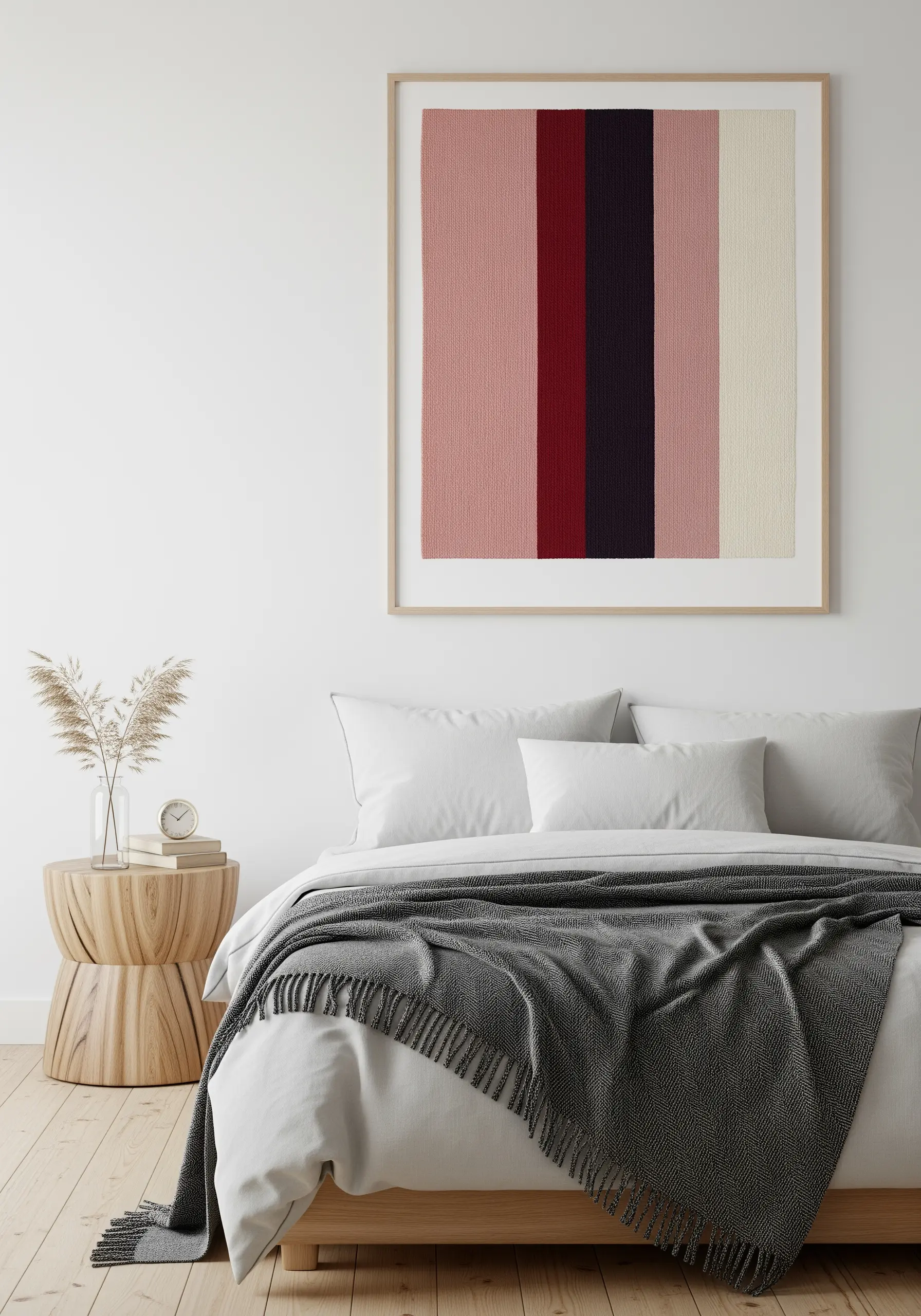 A framed abstract piece with vertical stripes of pink, red, and cream.