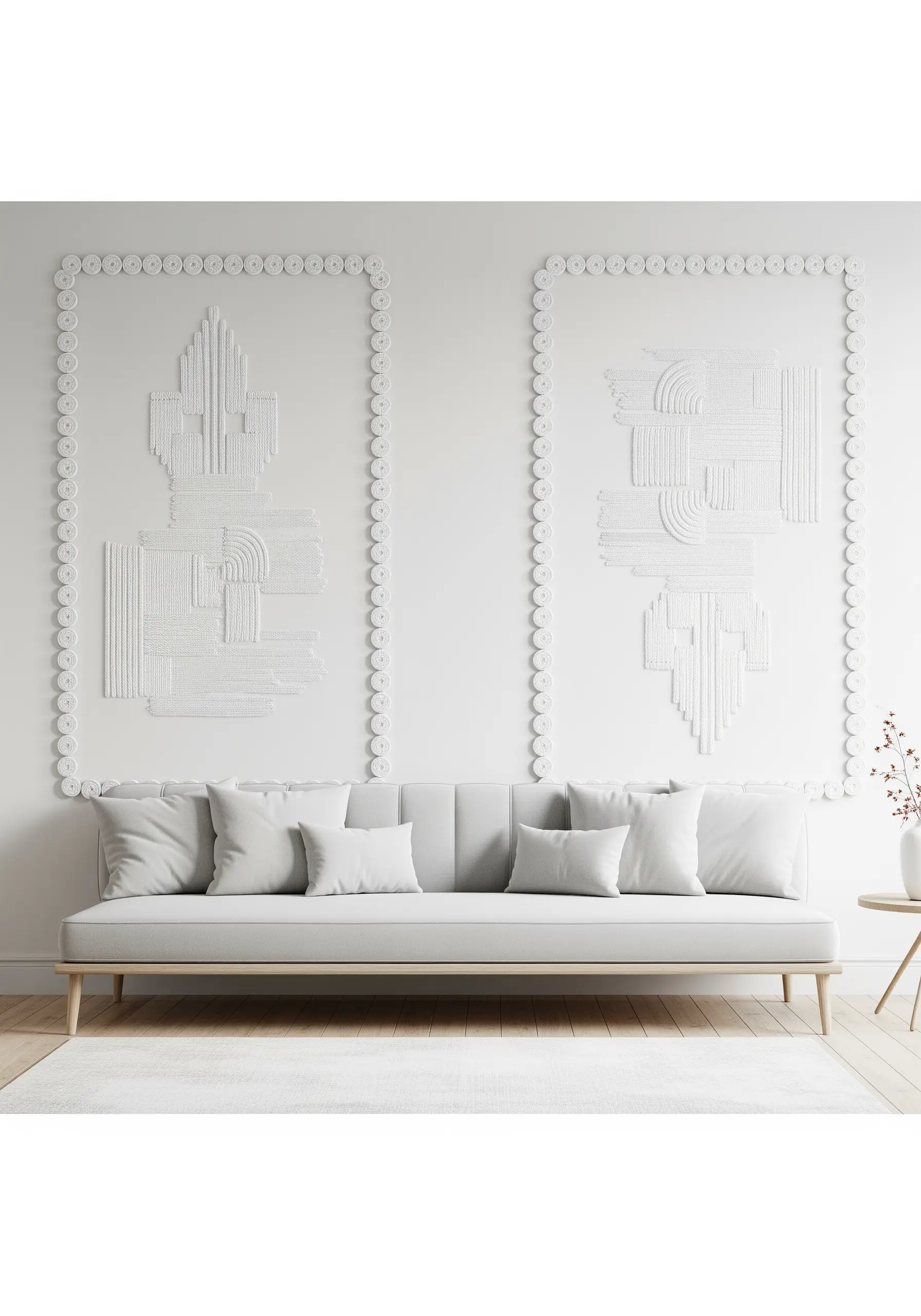 Large white-on-white abstract fiber art panels with varied textural stitches.