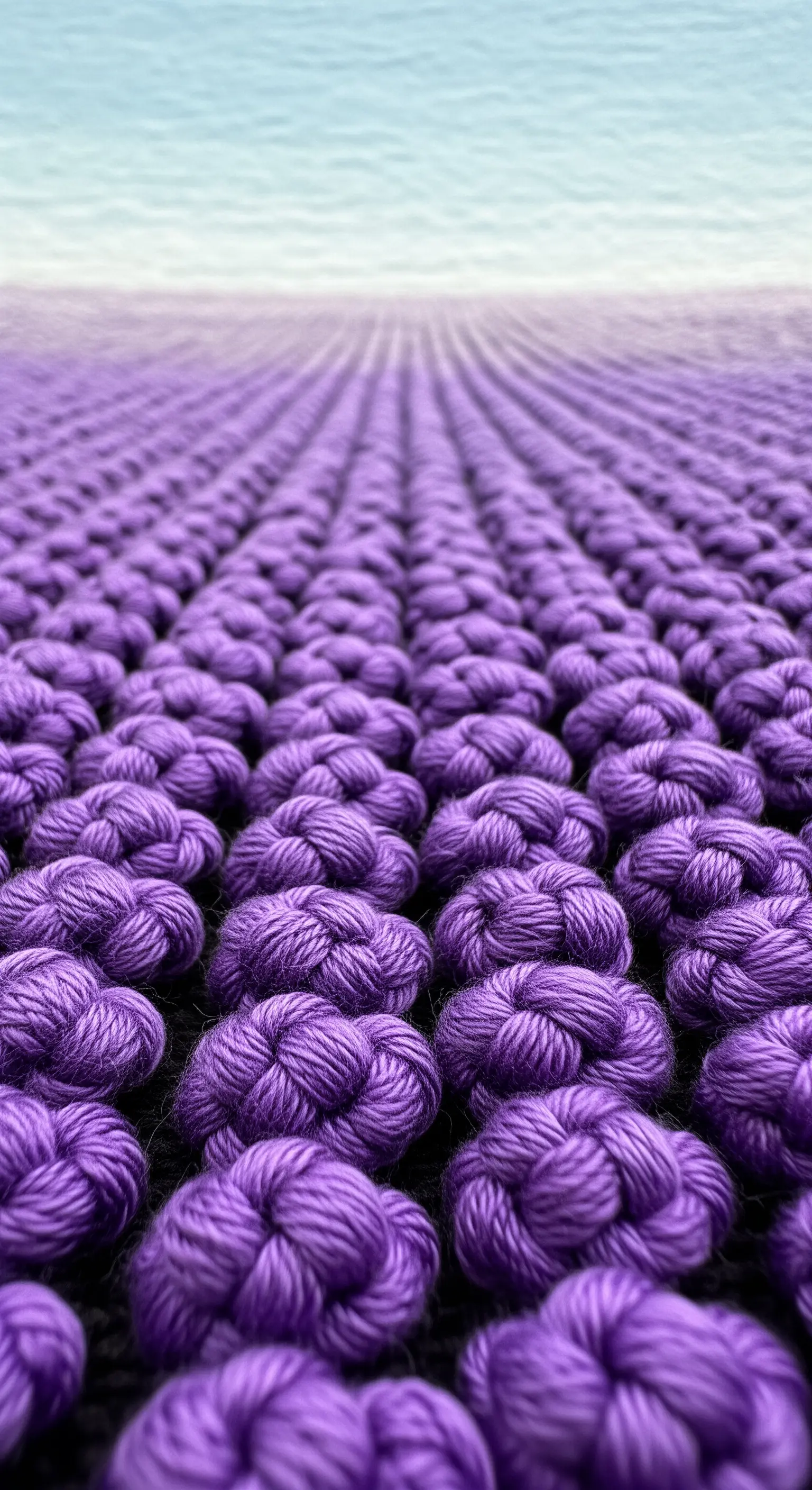 A close-up view of a densely embroidered surface of purple colonial knots.