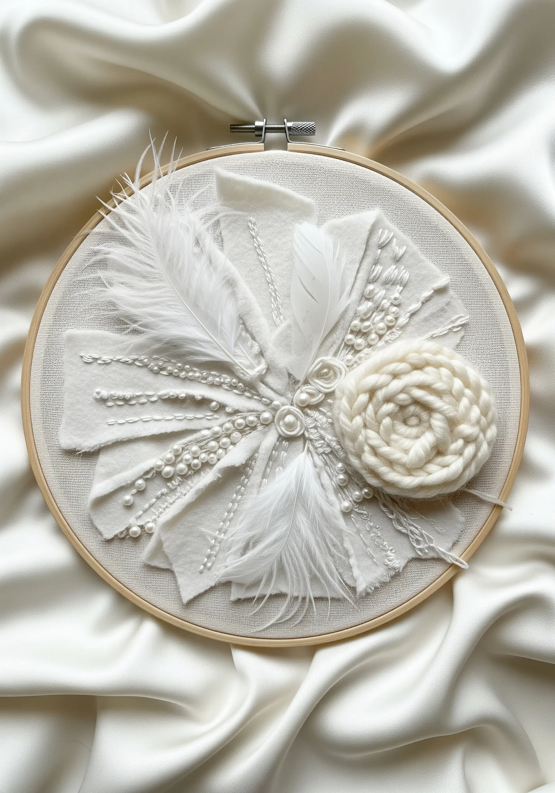 All-white mixed-media embroidery with feathers, pearls, felt, and textural stitches.