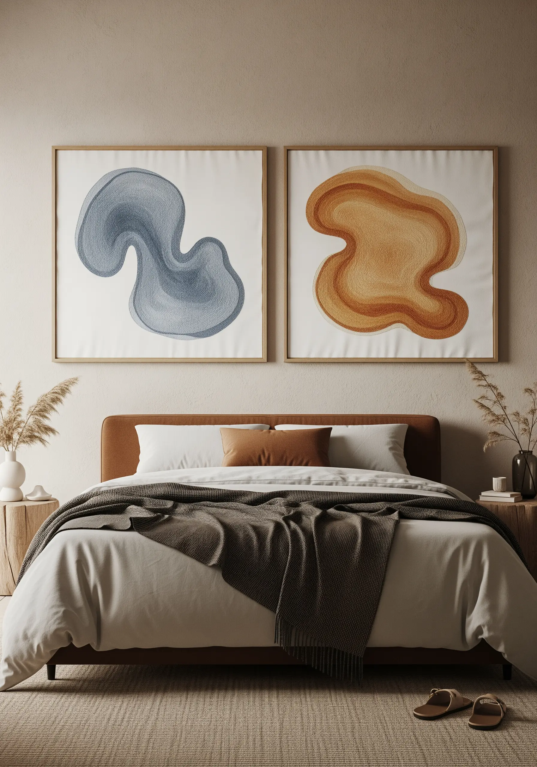 Two framed abstract embroidery pieces with organic shapes filled with contoured lines.