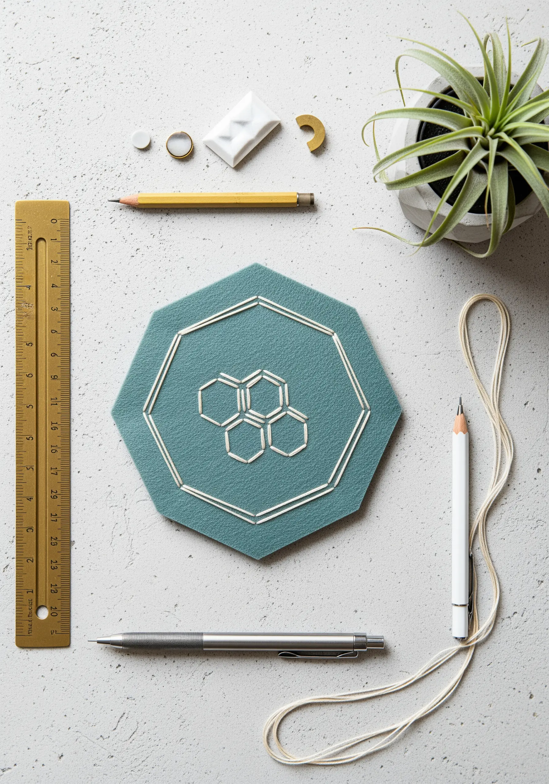 Geometric honeycomb pattern stitched in white thread on a teal octagonal felt base.