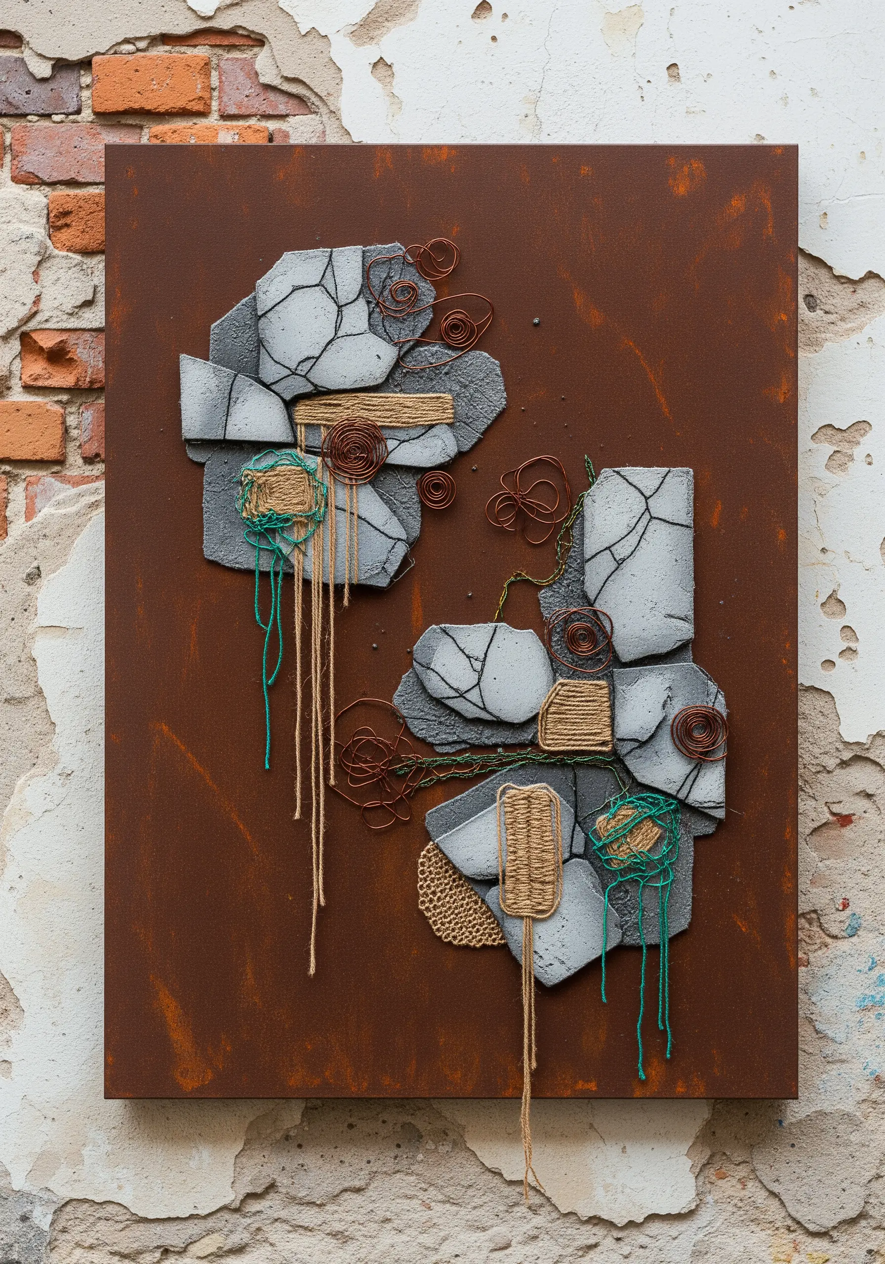 Mixed-media wall art with thread and yarn wrapped around cracked grey stone-like forms.