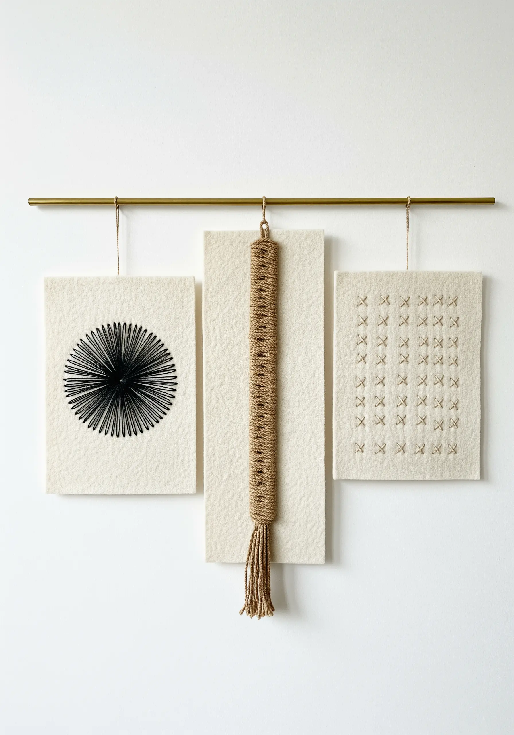 A triptych of minimalist fiber art on felt panels with geometric stitched patterns.