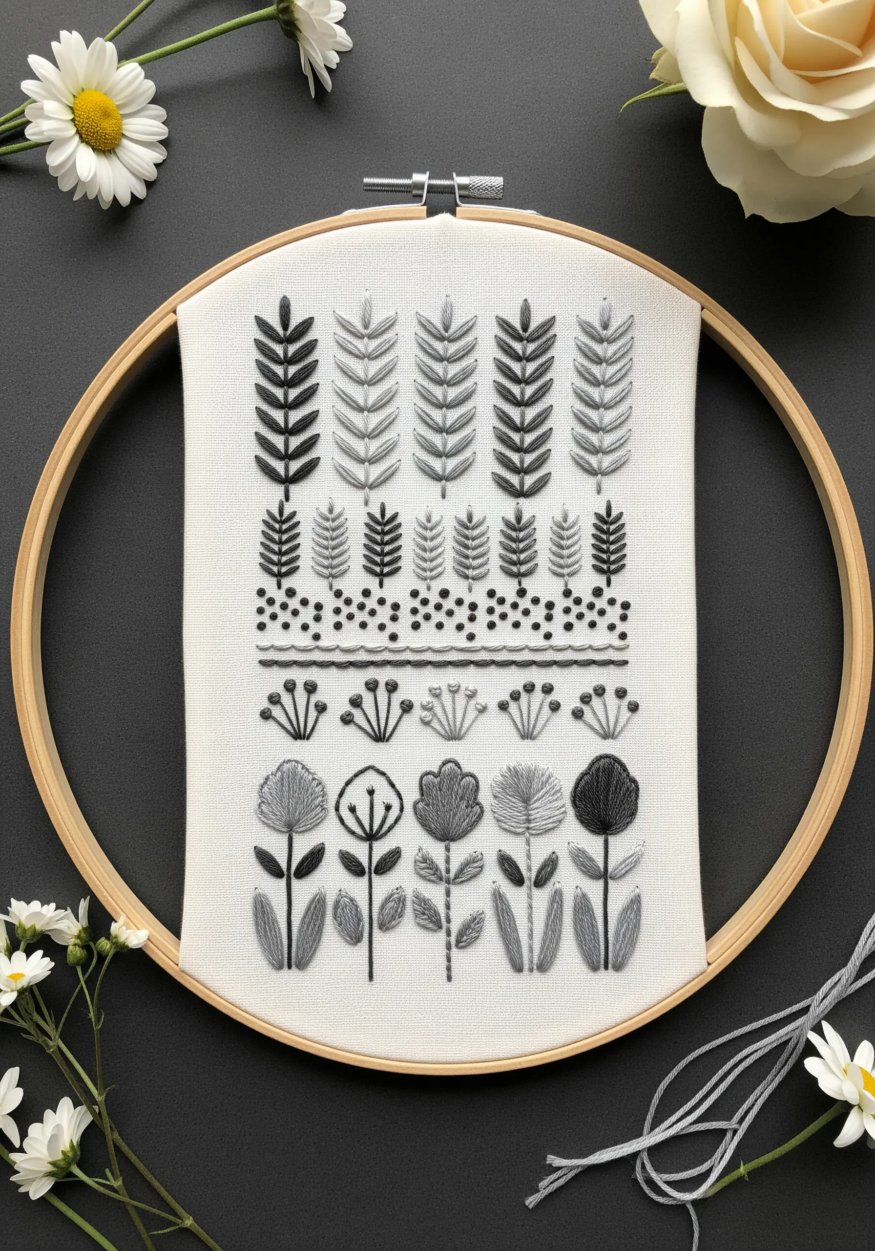 A modern embroidery sampler featuring various botanical motifs in shades of grey, black, and white.