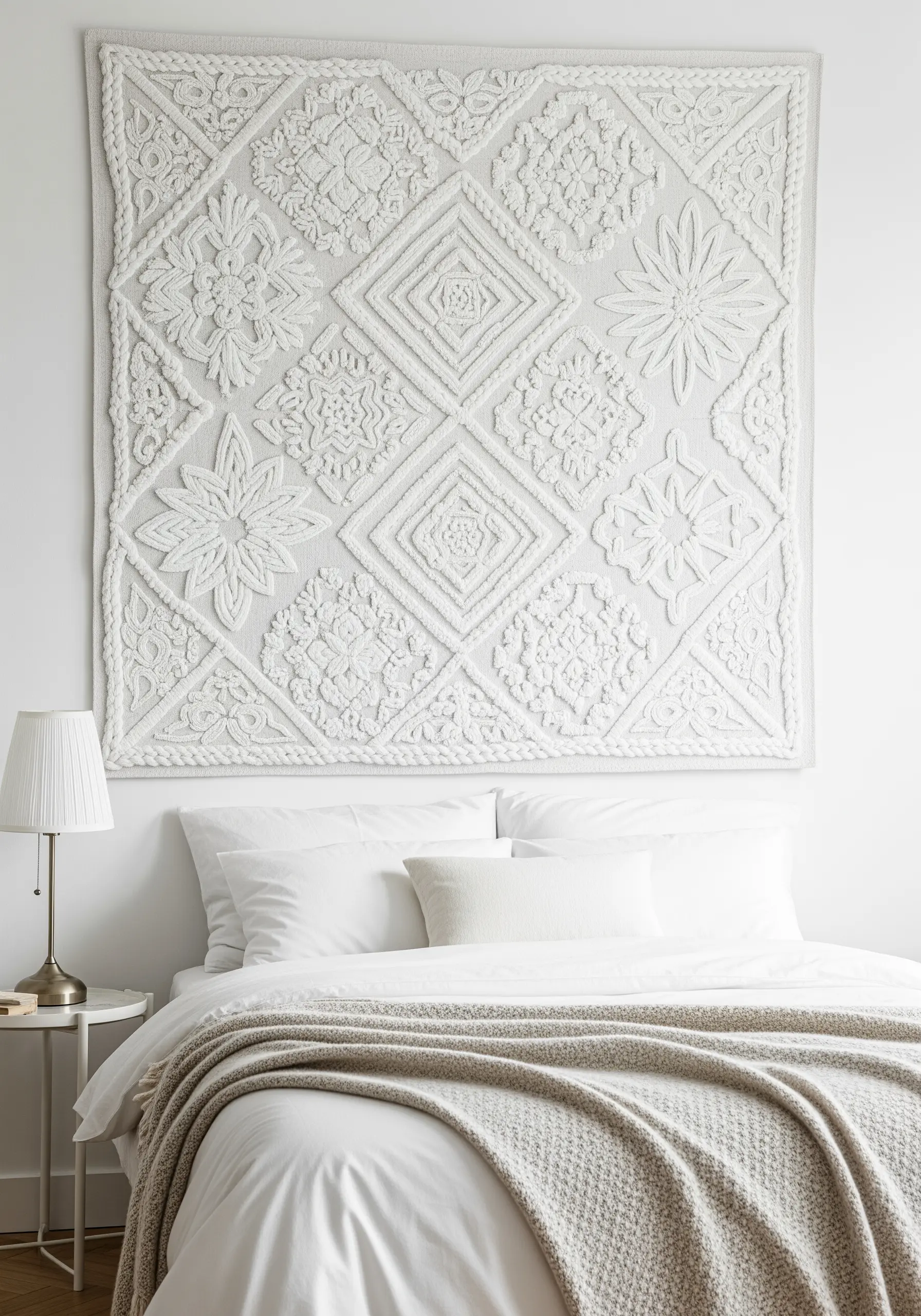 Large white-on-white embroidered tapestry with various geometric and floral textured patterns.