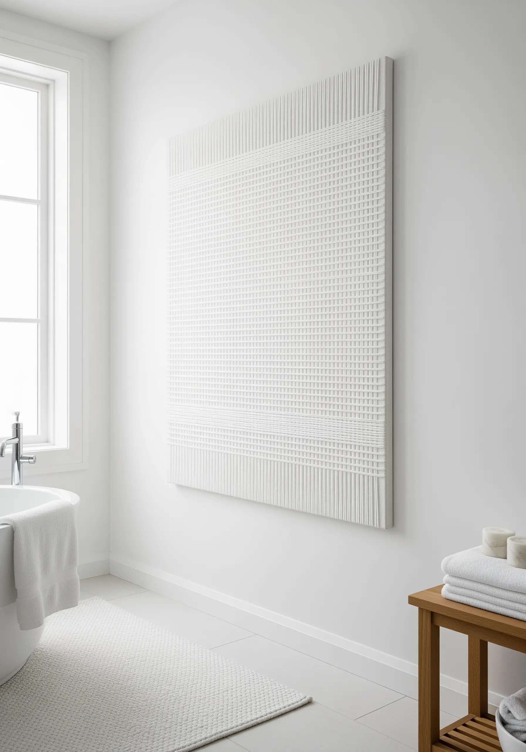 A large, minimalist all-white woven wall hanging with varied textural patterns.