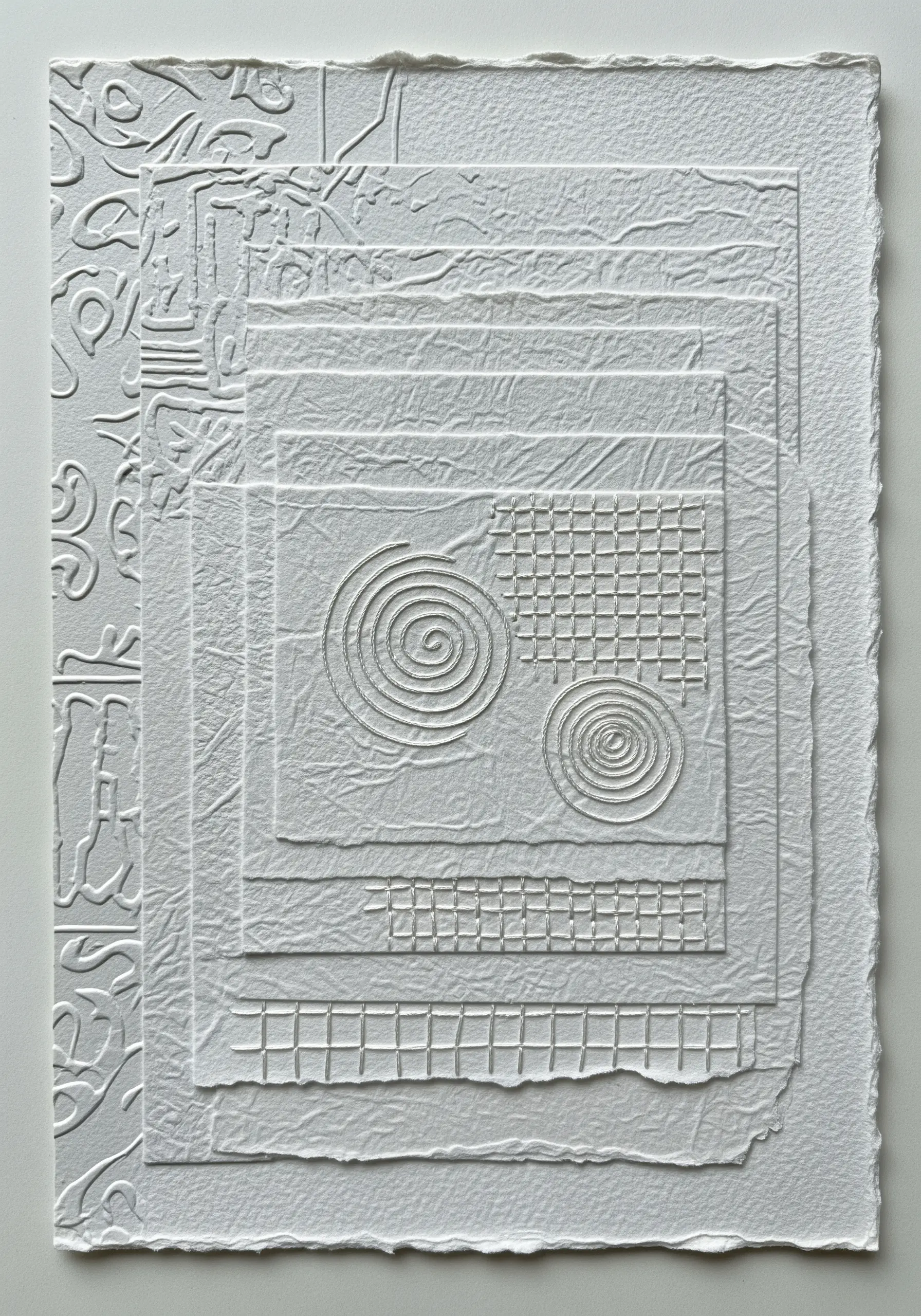 An all-white artwork with layered paper featuring embossed and stitched geometric patterns.