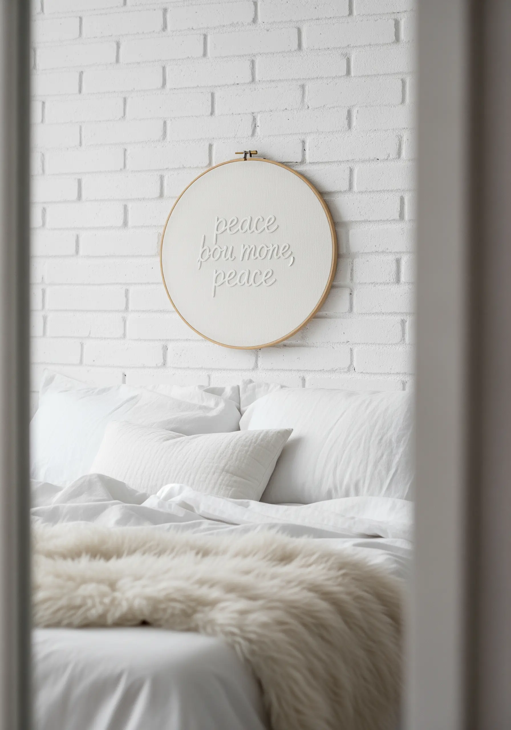 White thread embroidered on white fabric in a hoop, creating a subtle textural effect.