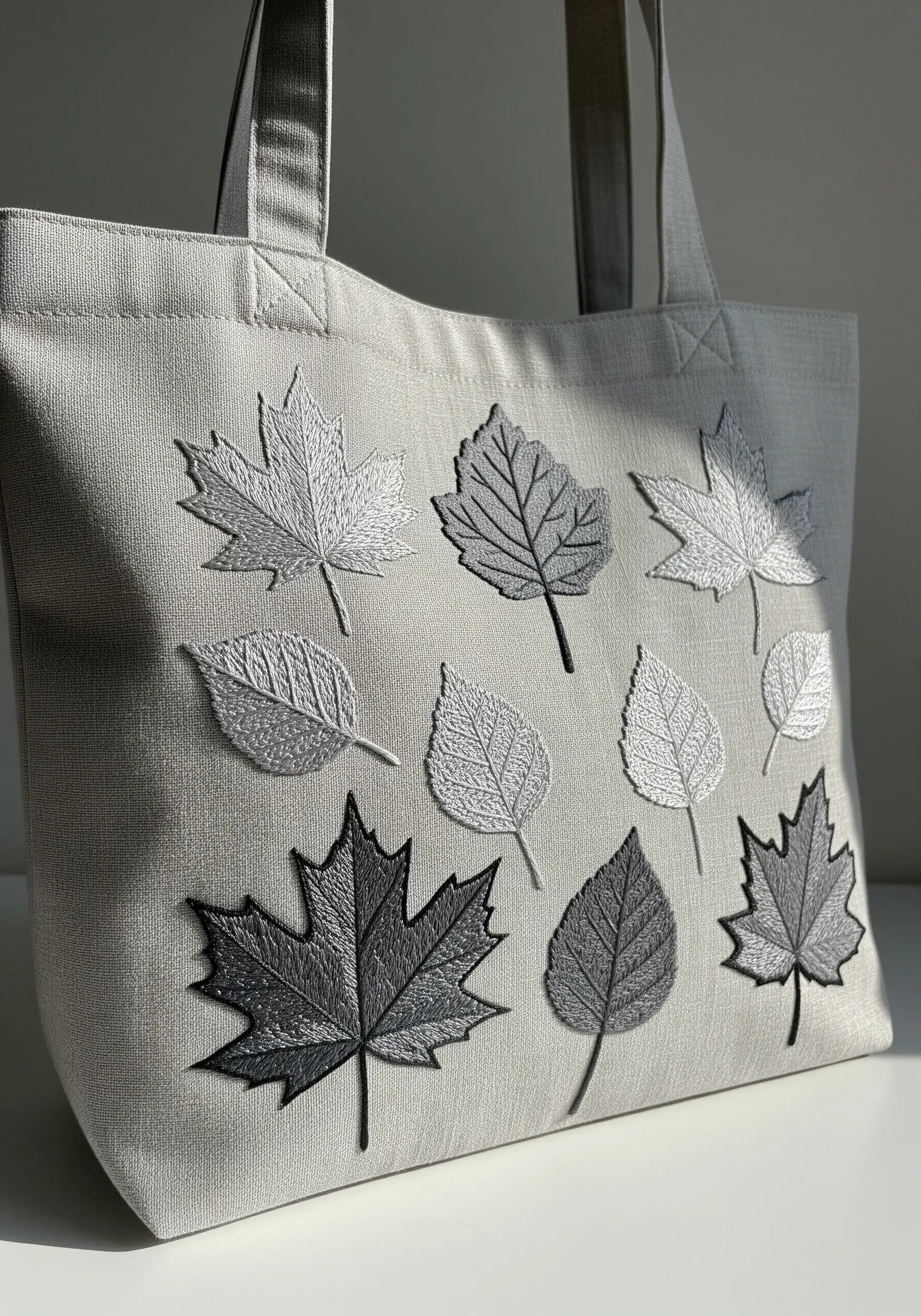 A collection of various leaf types embroidered in shades of grey on a light grey tote bag.