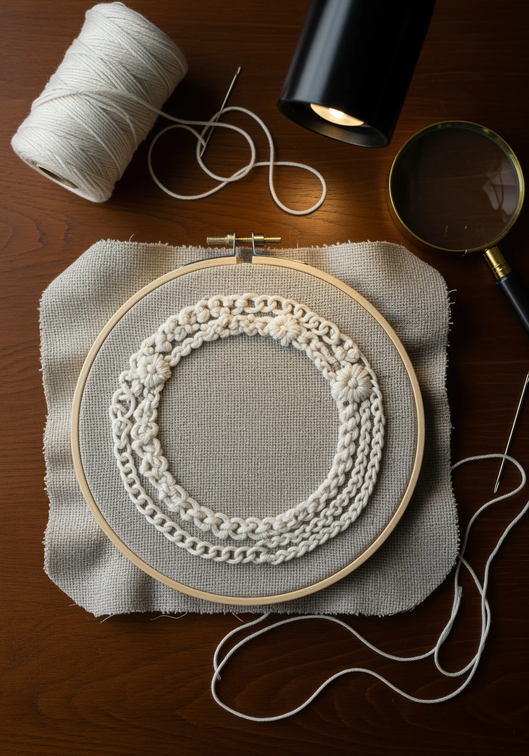 A textural wreath embroidered with thick ivory yarn using chain stitches and knots.