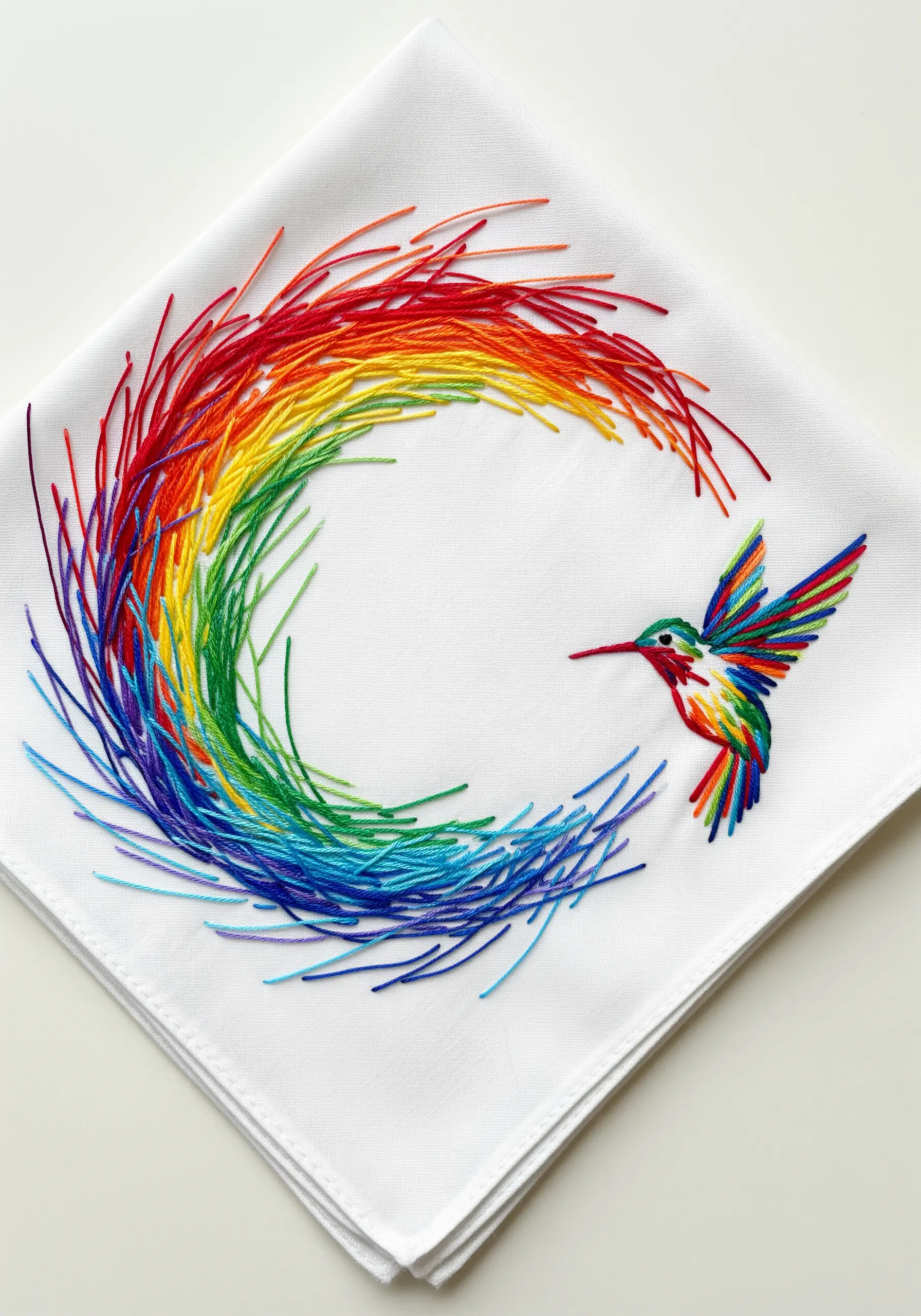 A rainbow of loose threads sweeps across a handkerchief, ending in a hummingbird.