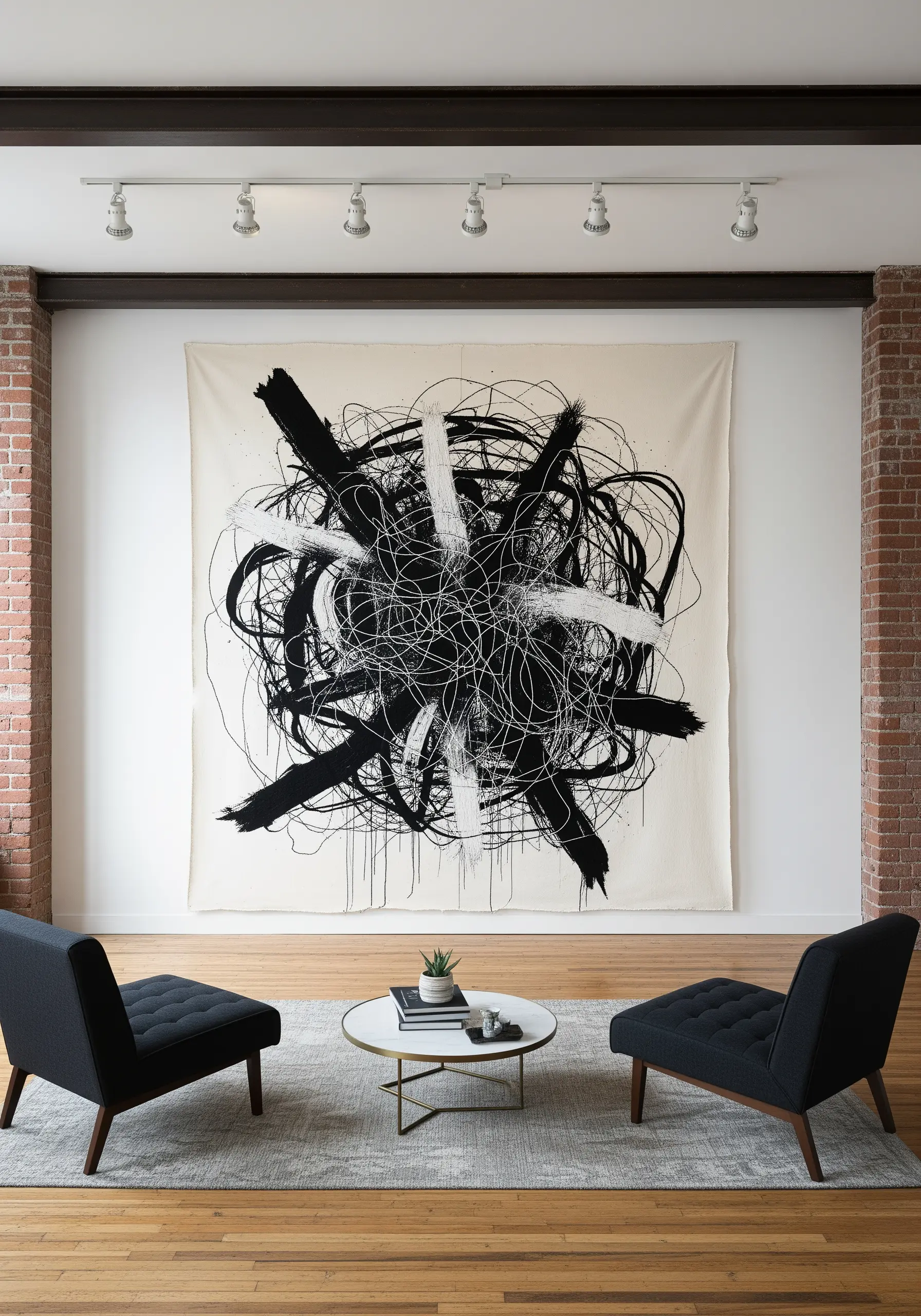 A large abstract black and white embroidery with chaotic lines and paint strokes.