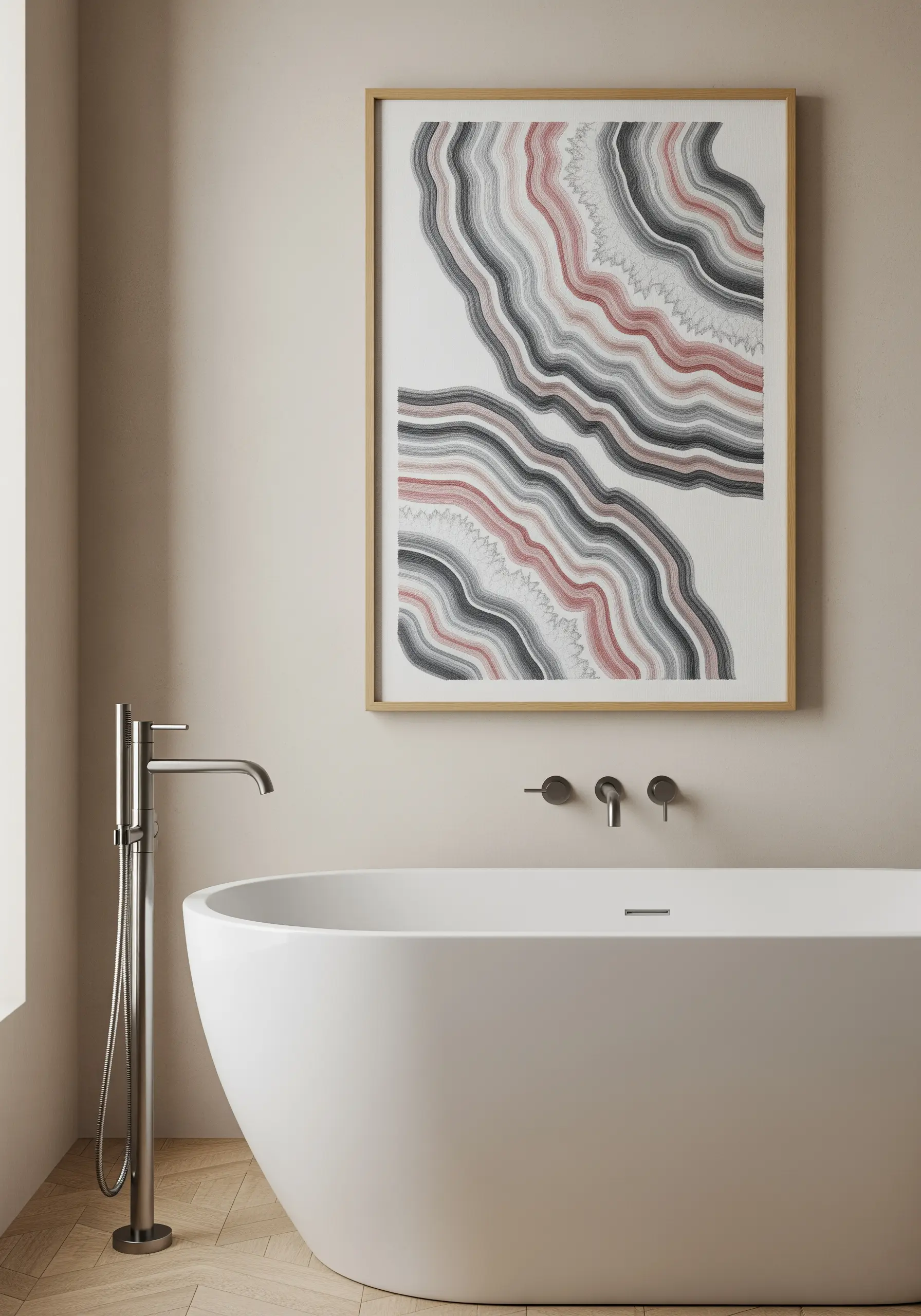 Framed abstract embroidery with wavy parallel lines in black, grey, and red, hung in a bathroom.