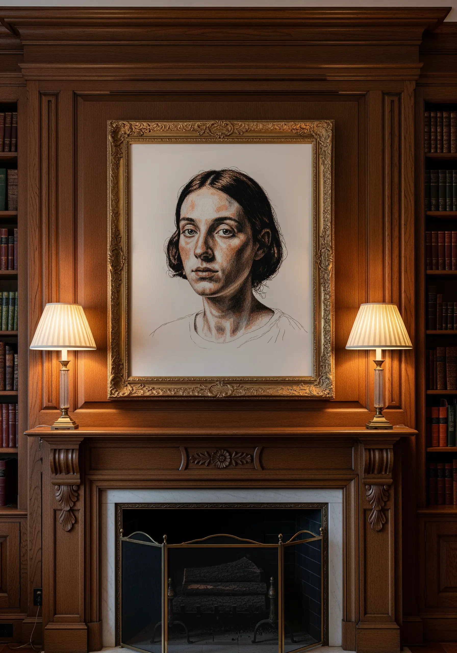 A highly realistic thread-painted portrait of a person in a grand, classic setting.