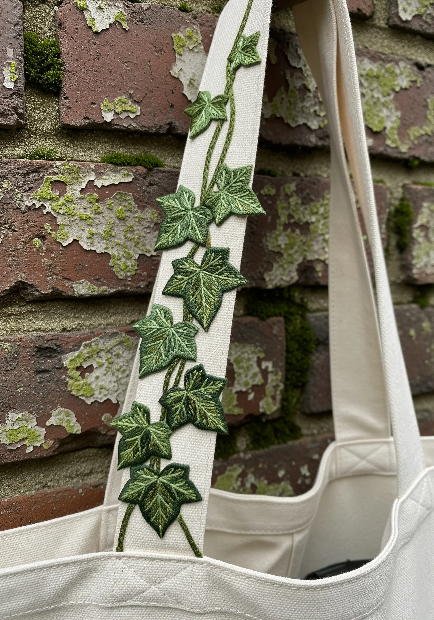 Embroidered ivy vine climbing up the canvas strap of a tote bag