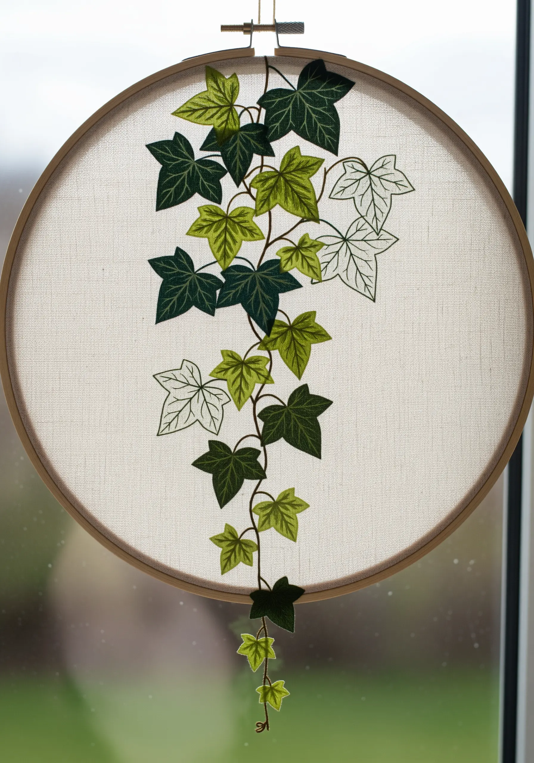 An embroidered ivy vine with some leaves cut out and attached to hang below the hoop.