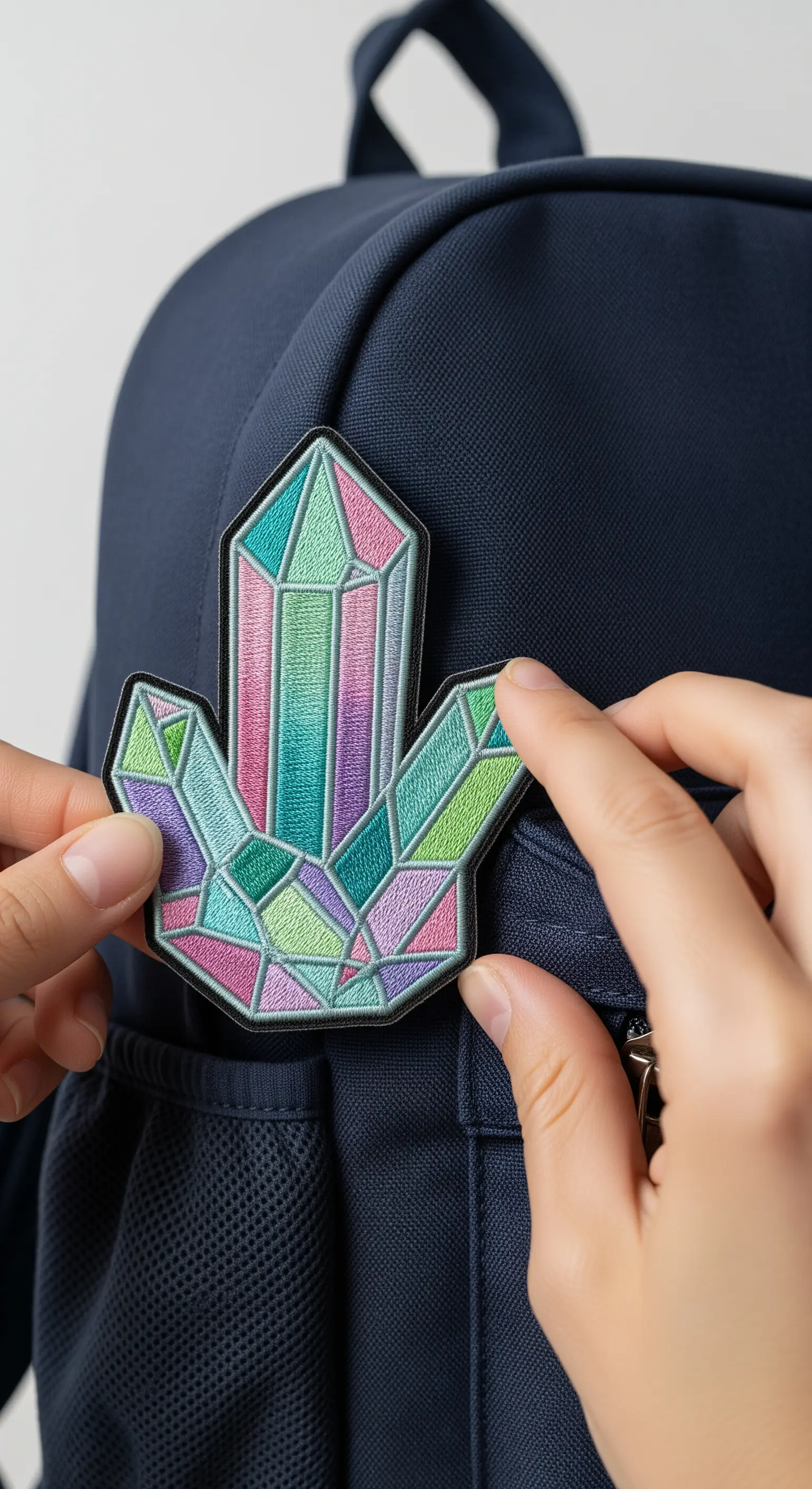 An embroidered iron-on patch of a crystal cluster in pastel rainbow colors.