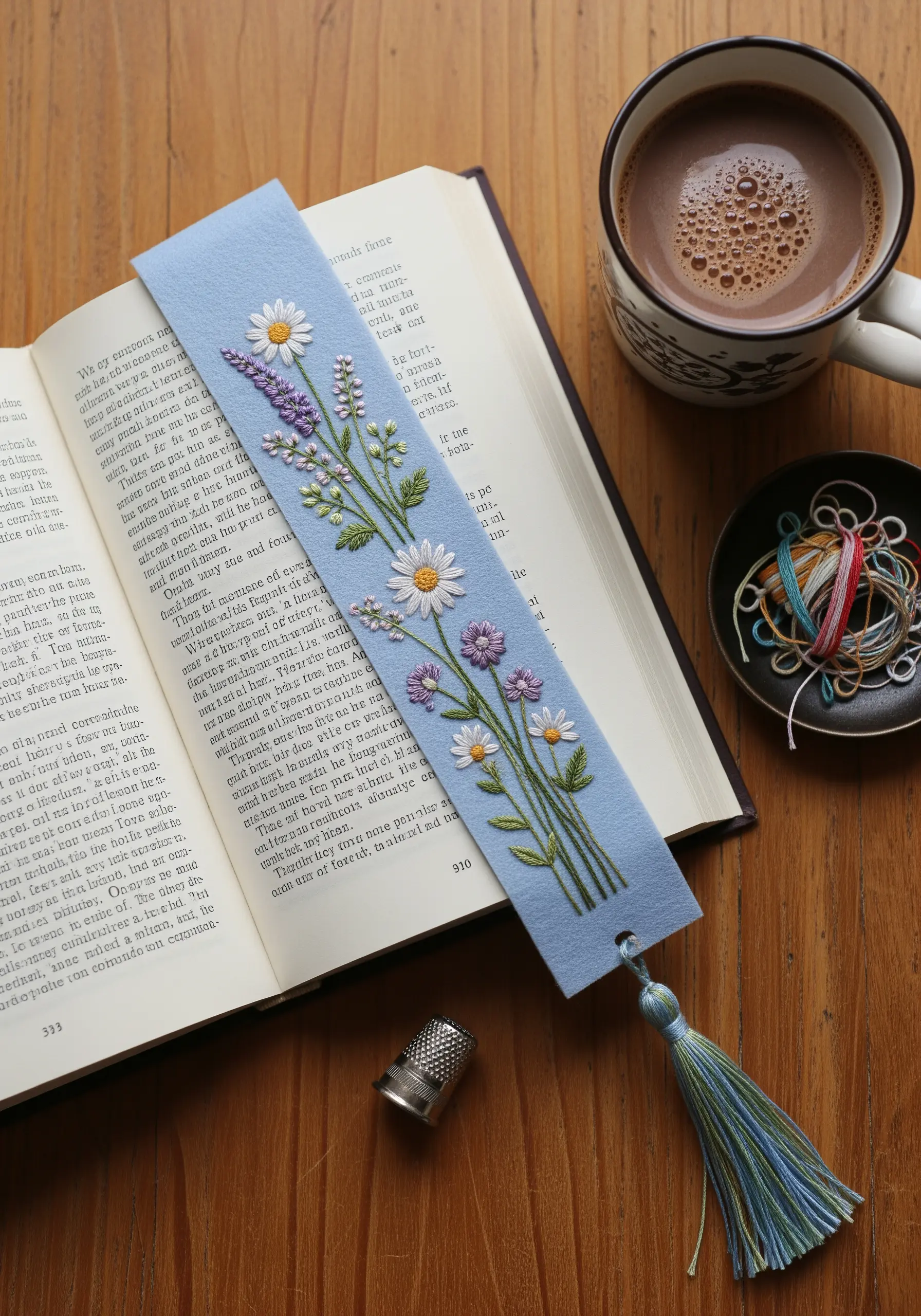 A hand-embroidered bookmark with daisies and lavender resting on an open book.