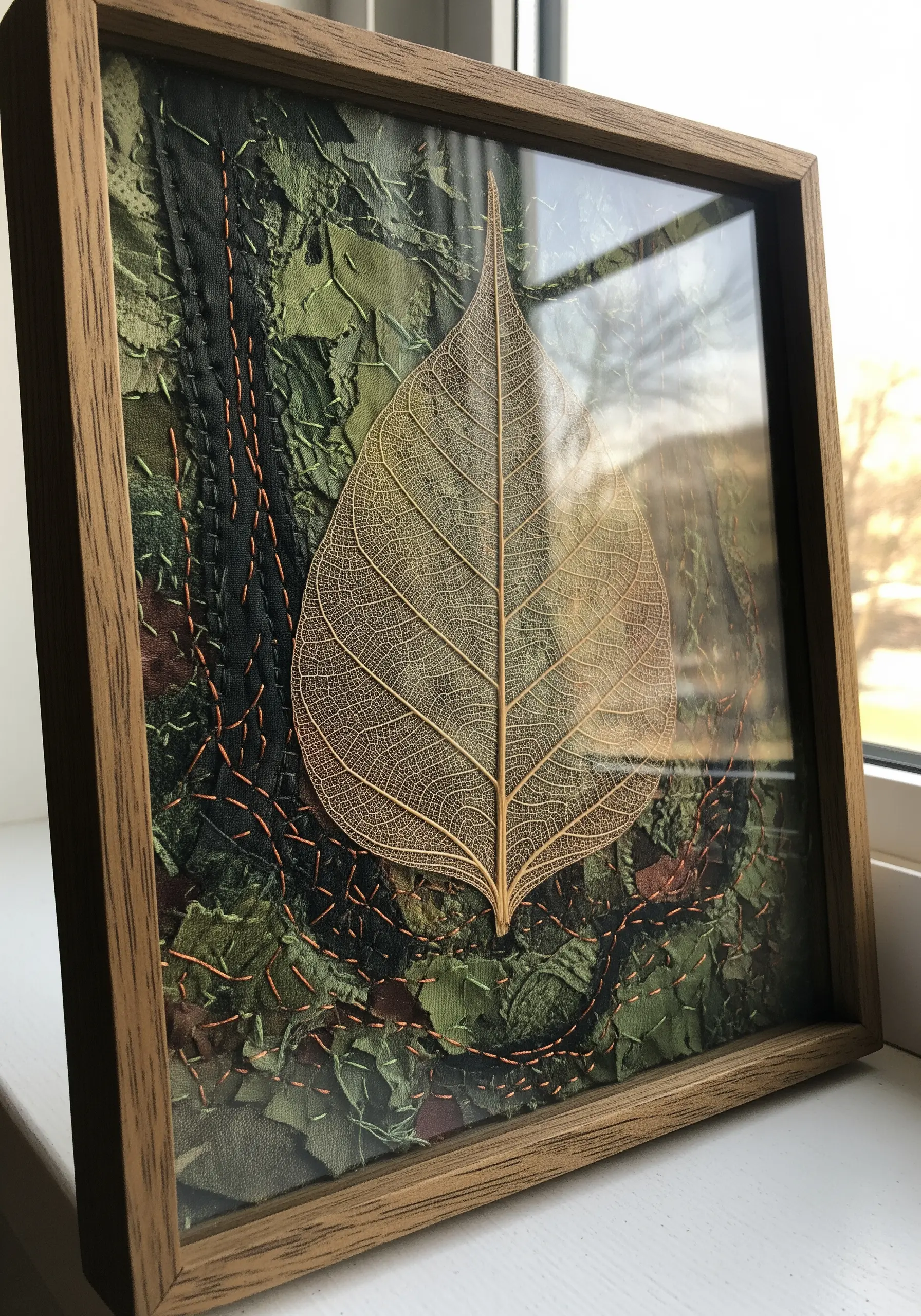 A framed collage of green fabric scraps with a real skeleton leaf stitched on top.