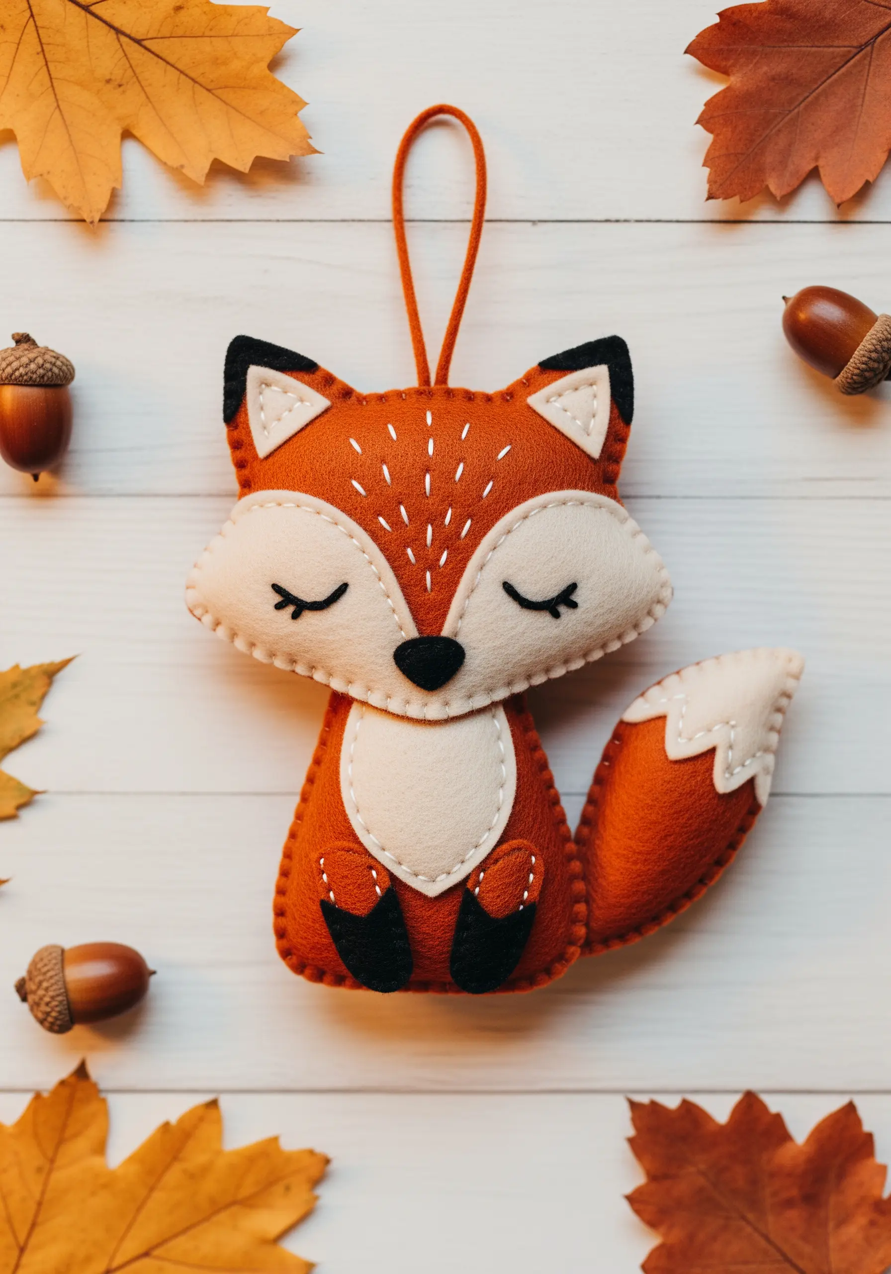 A handmade felt fox ornament with simple embroidered details, surrounded by autumn leaves