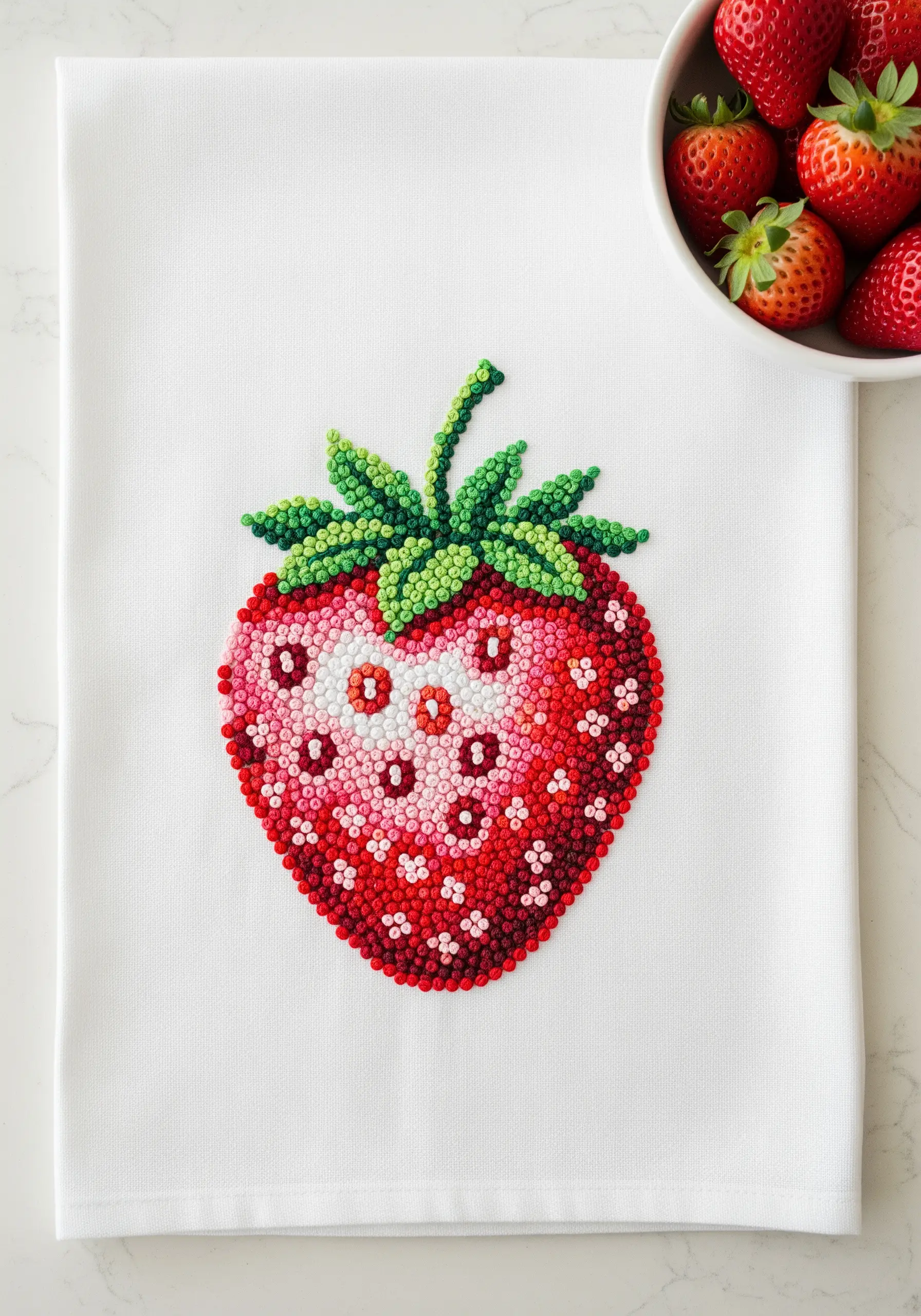 A vibrant strawberry motif on a white towel, filled entirely with red, pink, and green seed beads.