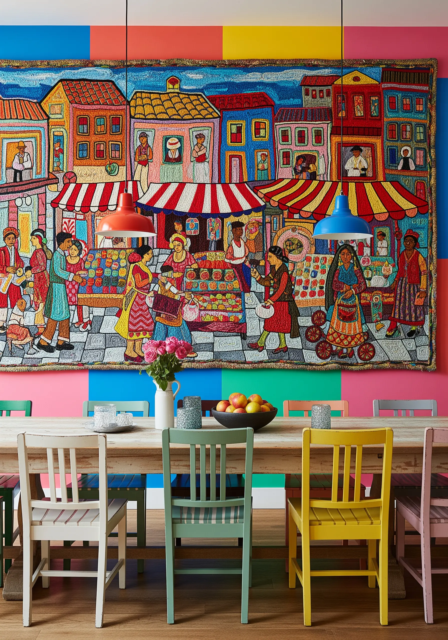 A colorful, vibrant tapestry depicting a busy market scene, filled with satin stitch.