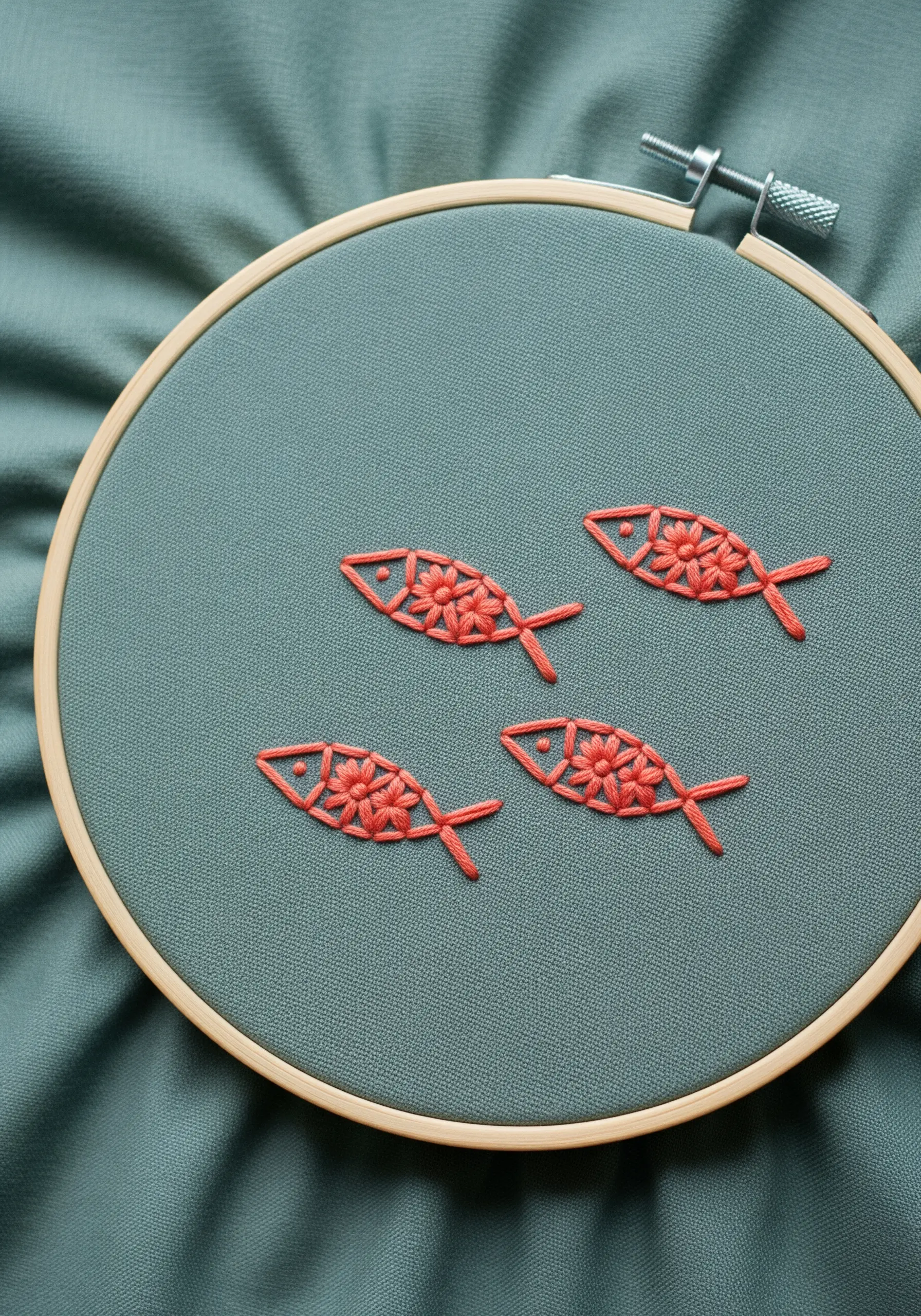 Four coral-colored fish outlines filled with an interior pattern of lazy daisy flowers.