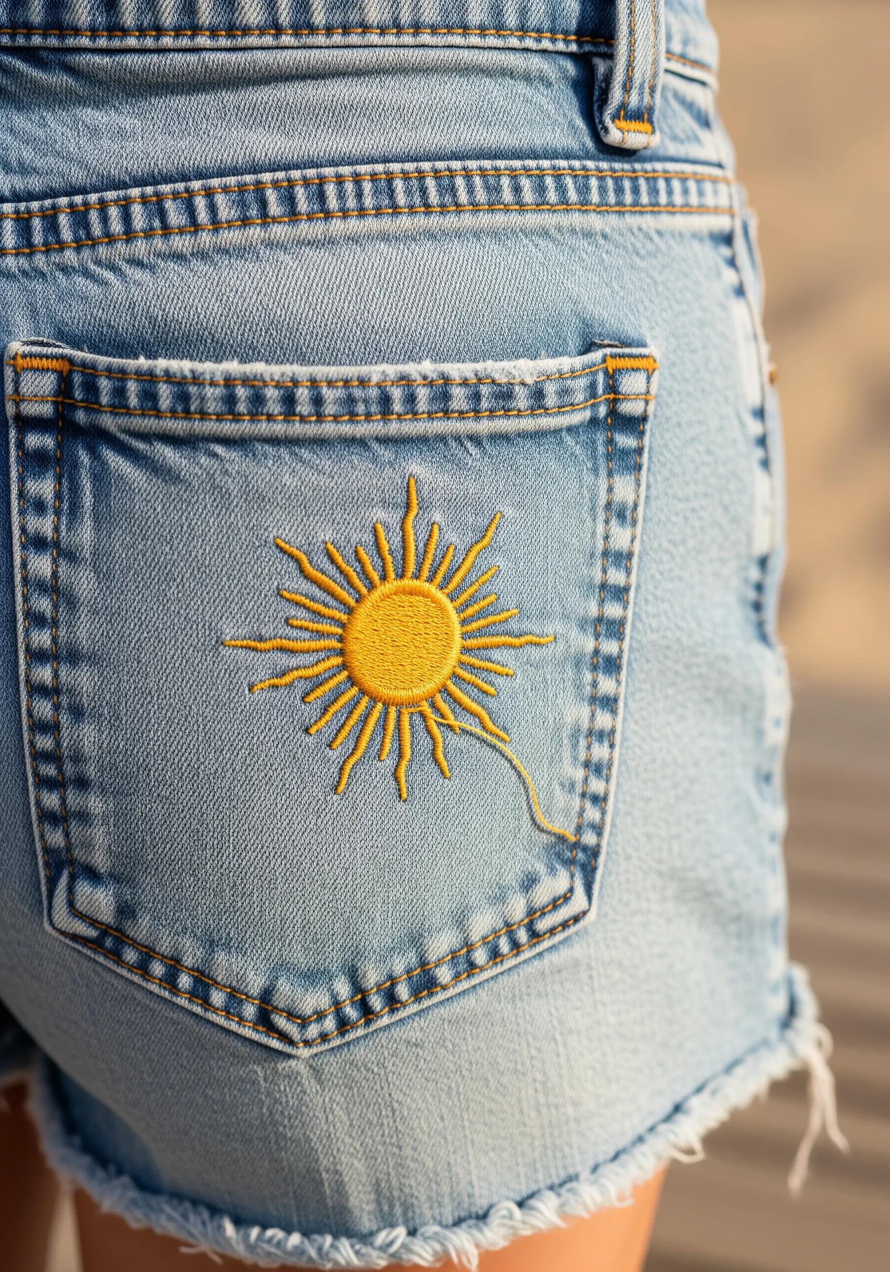 A bright yellow sun with radiating rays embroidered on the back pocket of denim shorts.