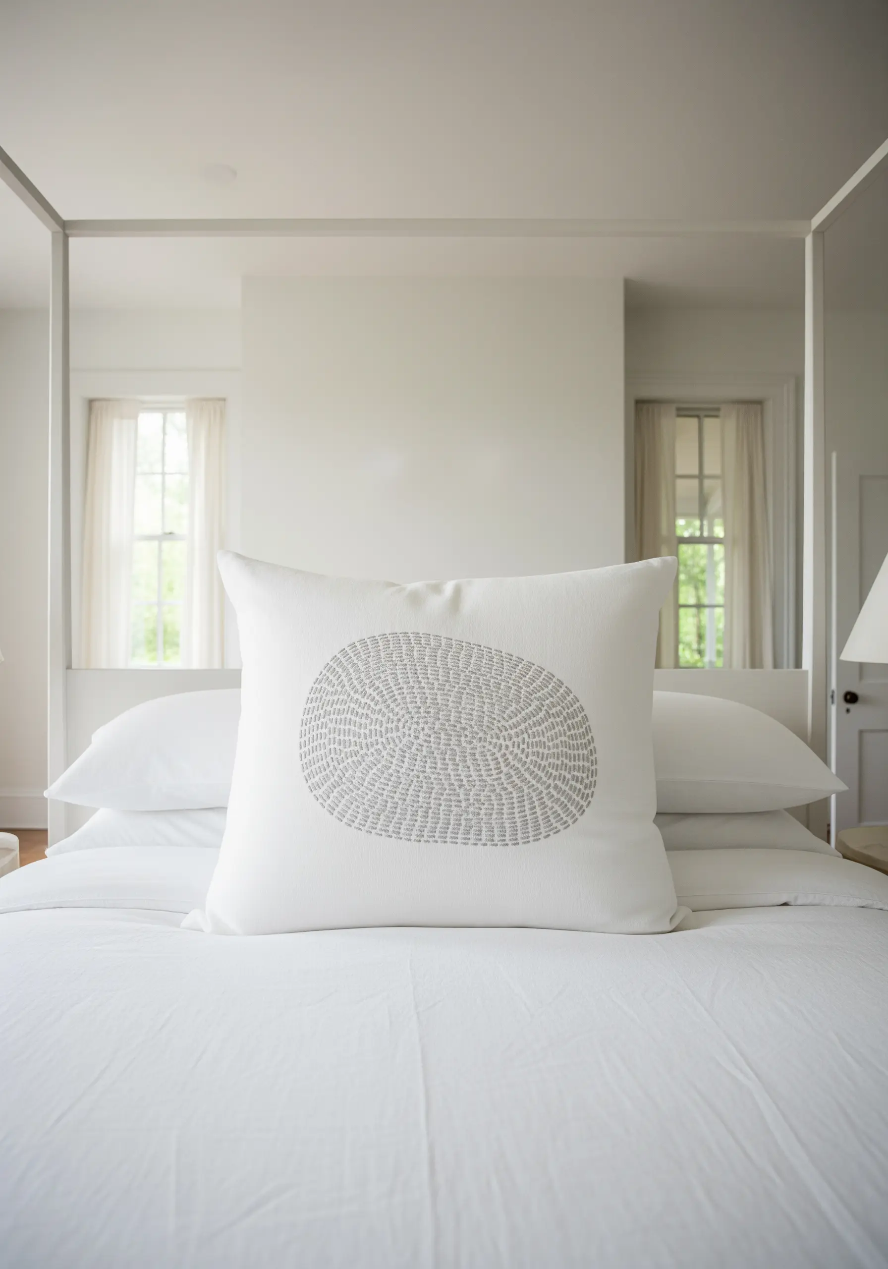 A white pillow with a large, organic circle shape filled with dense gray seed stitch embroidery.