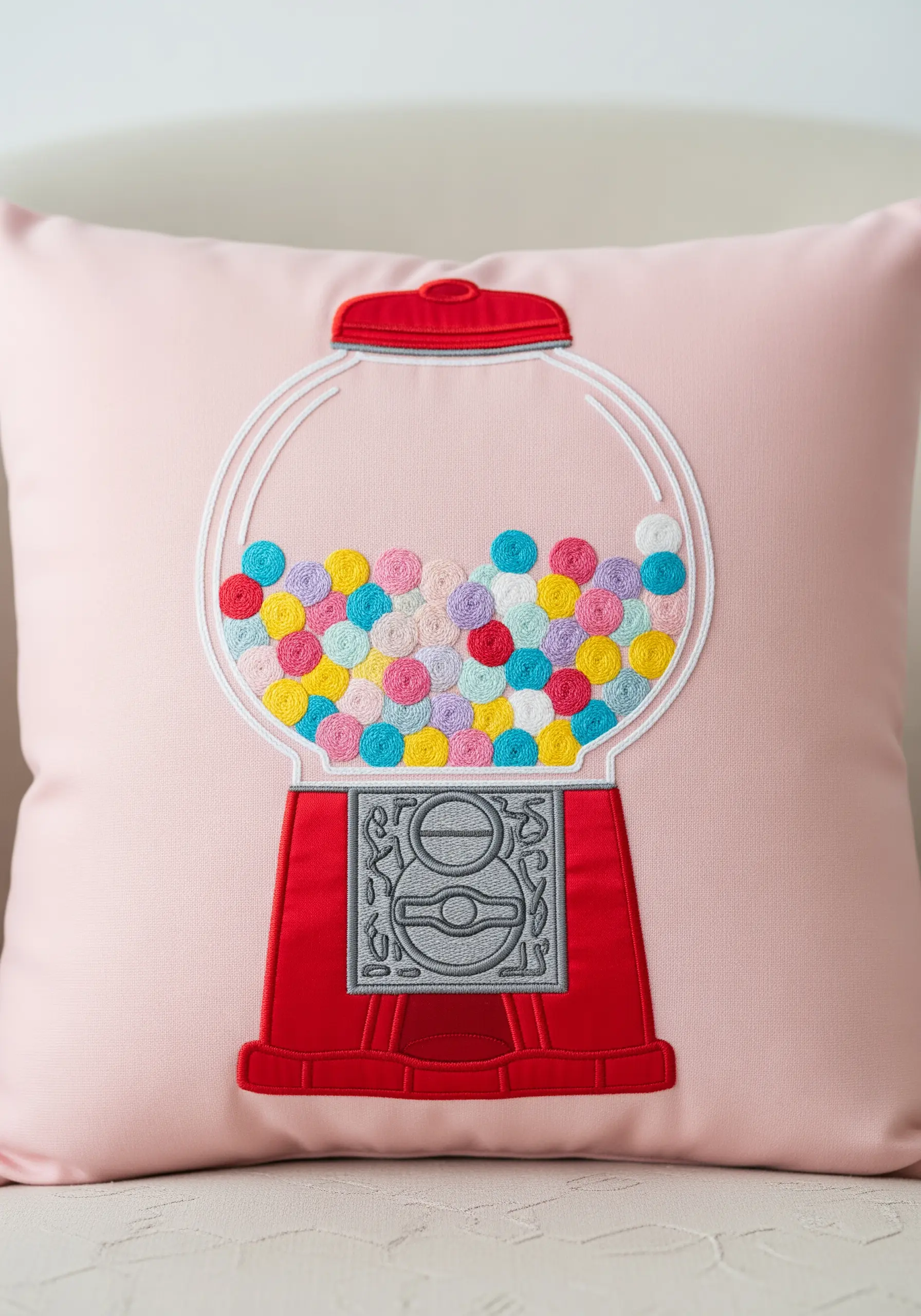 An embroidered gumball machine on a pink pillow, filled with colorful French knots.
