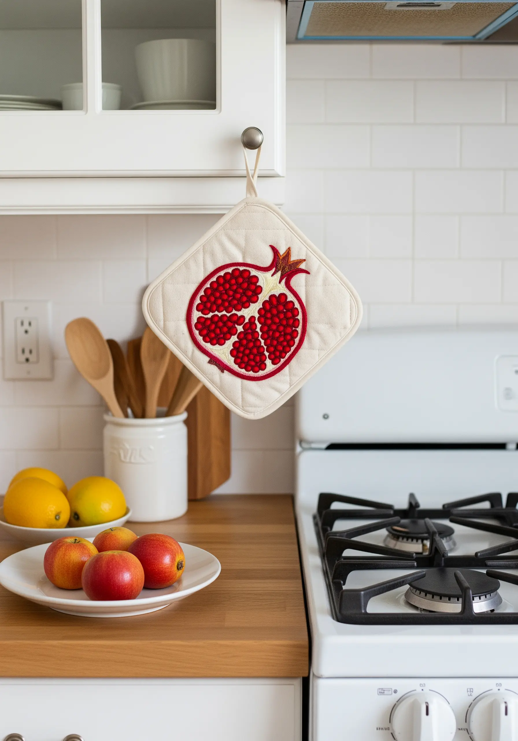 A quilted pot holder with a bold, embroidered pomegranate motif.
