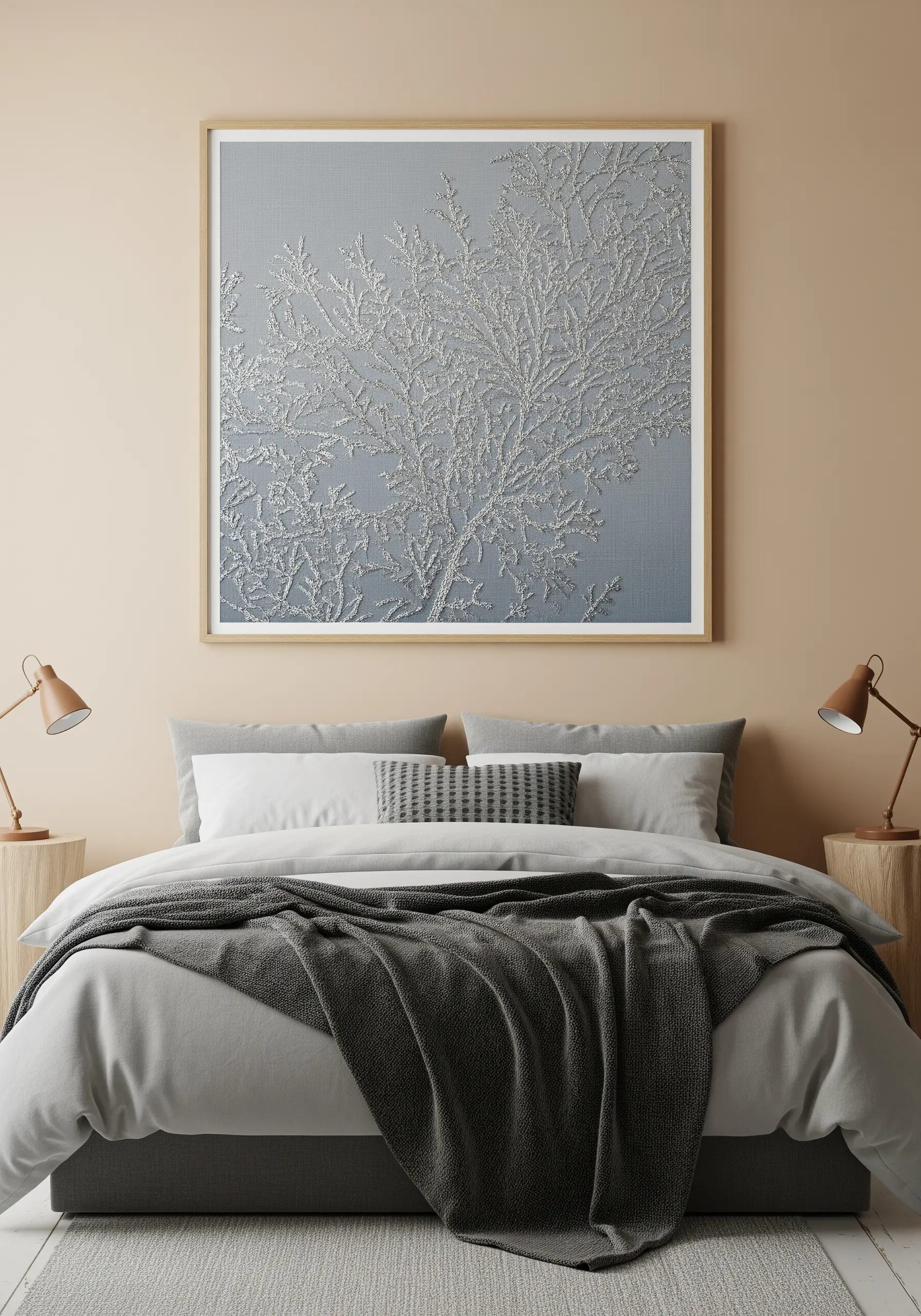 Large, framed embroidery of a silvery-white coral tree on a blue background above a bed.