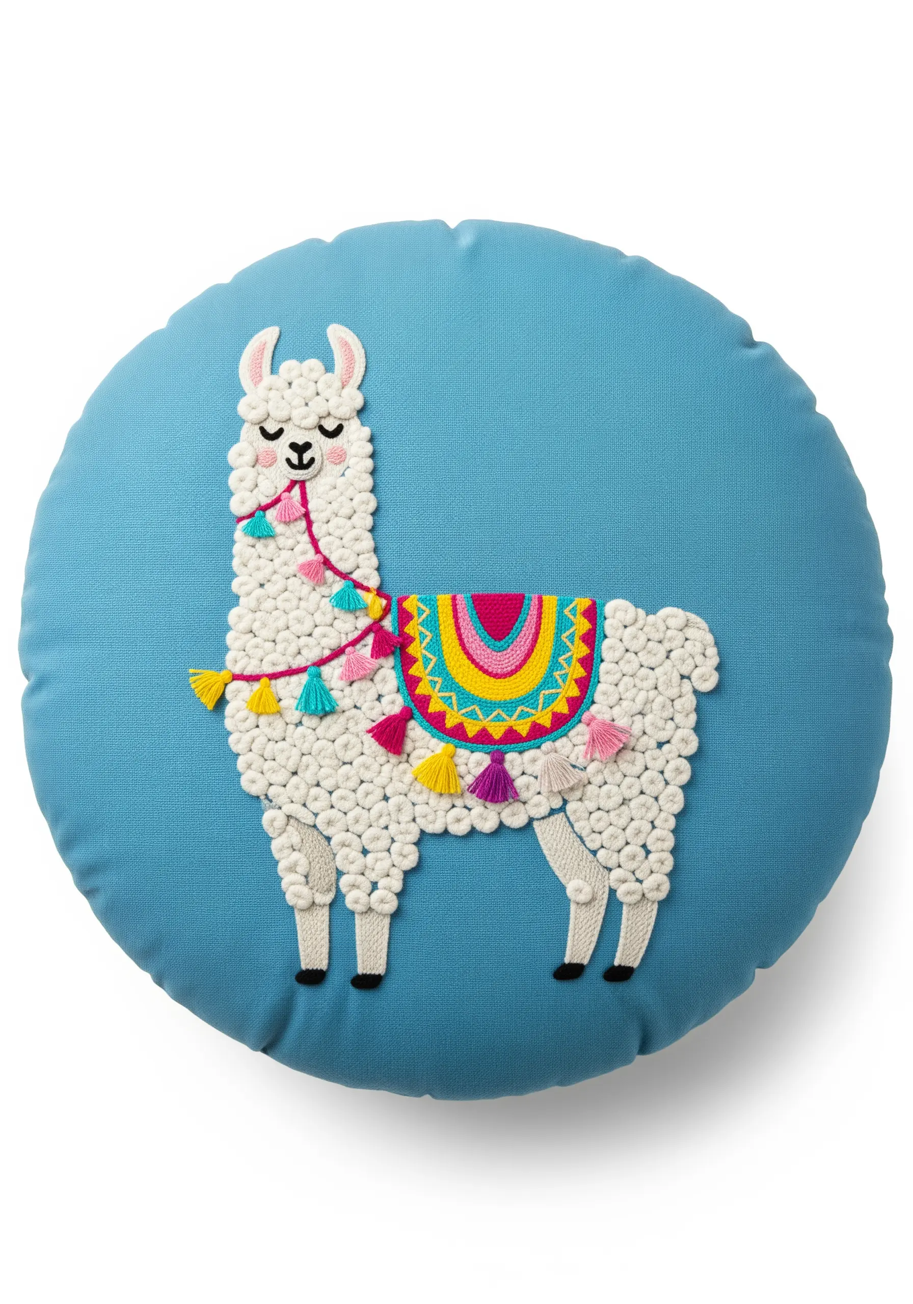 Embroidered llama with a body made of dense white French knots and a colorful saddle.