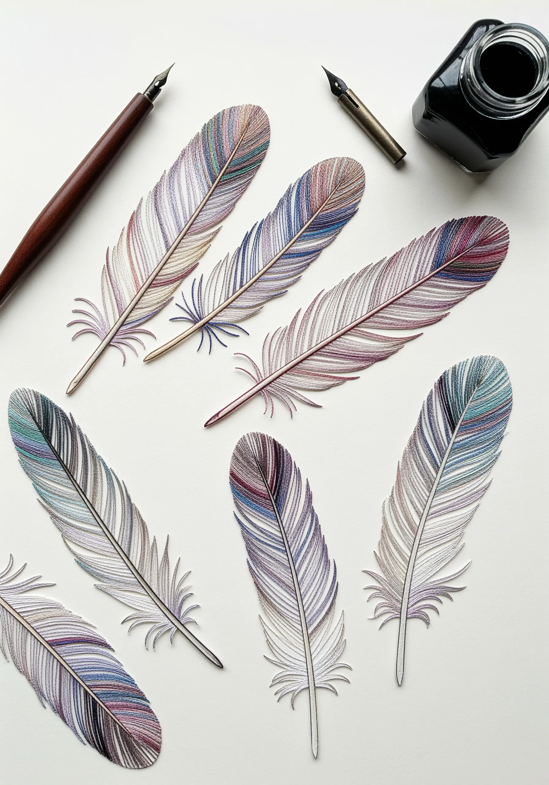 Paper cutouts of feathers filled with long stitches of colorful, variegated embroidery floss.