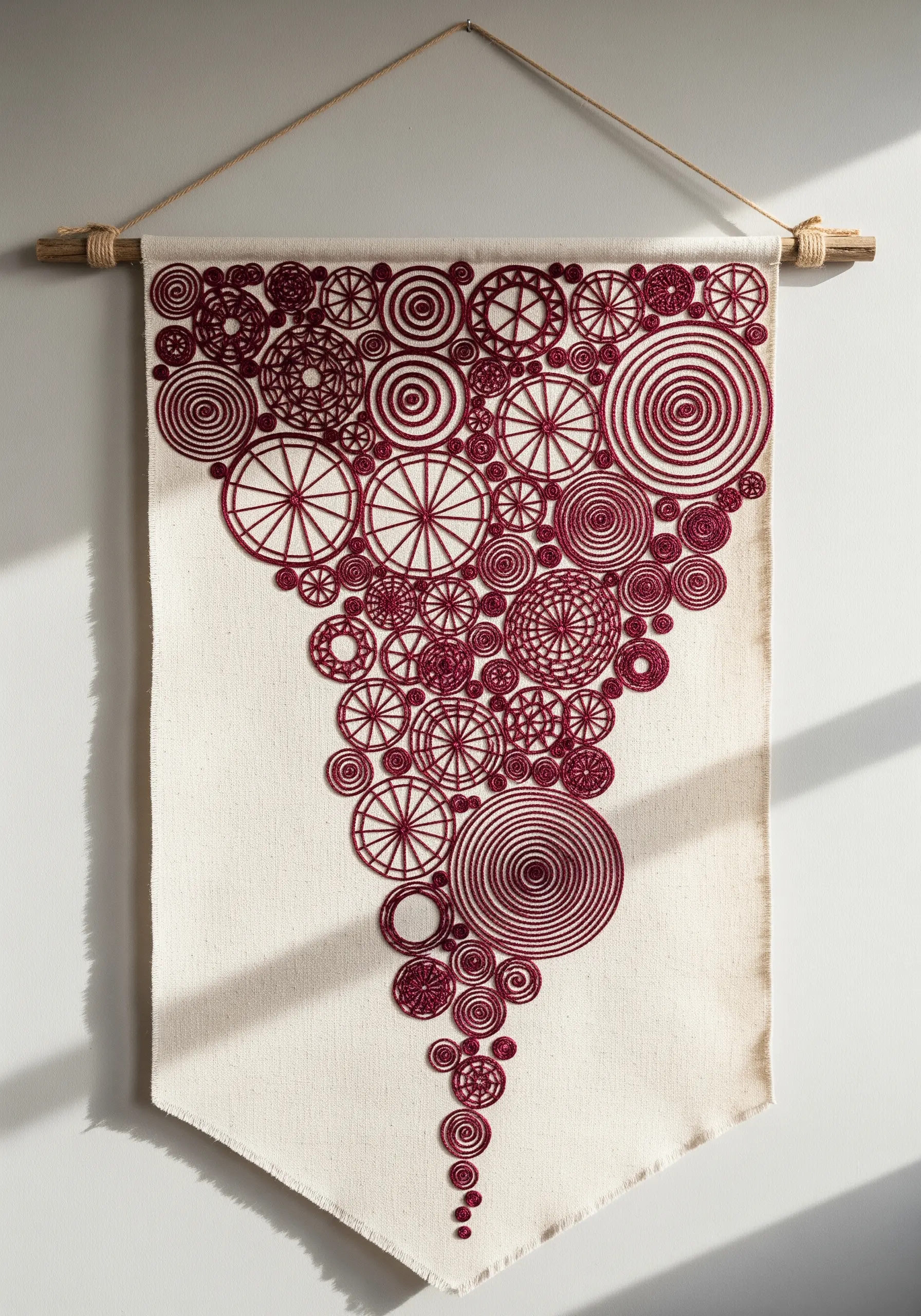 A wall hanging with a cascade of embroidered circles in burgundy thread.