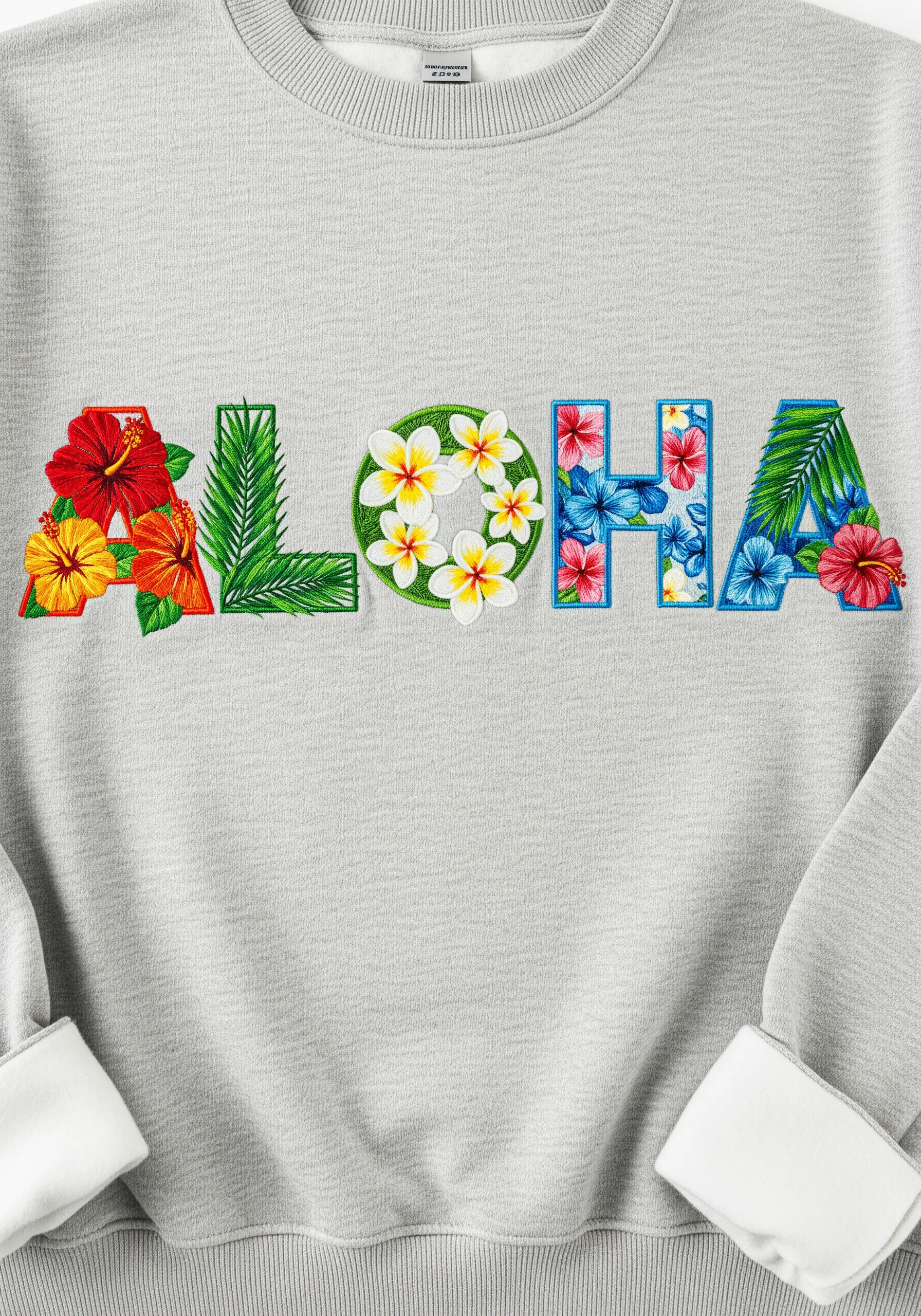 The word ALOHA with each letter filled with different tropical flowers and leaf patterns.