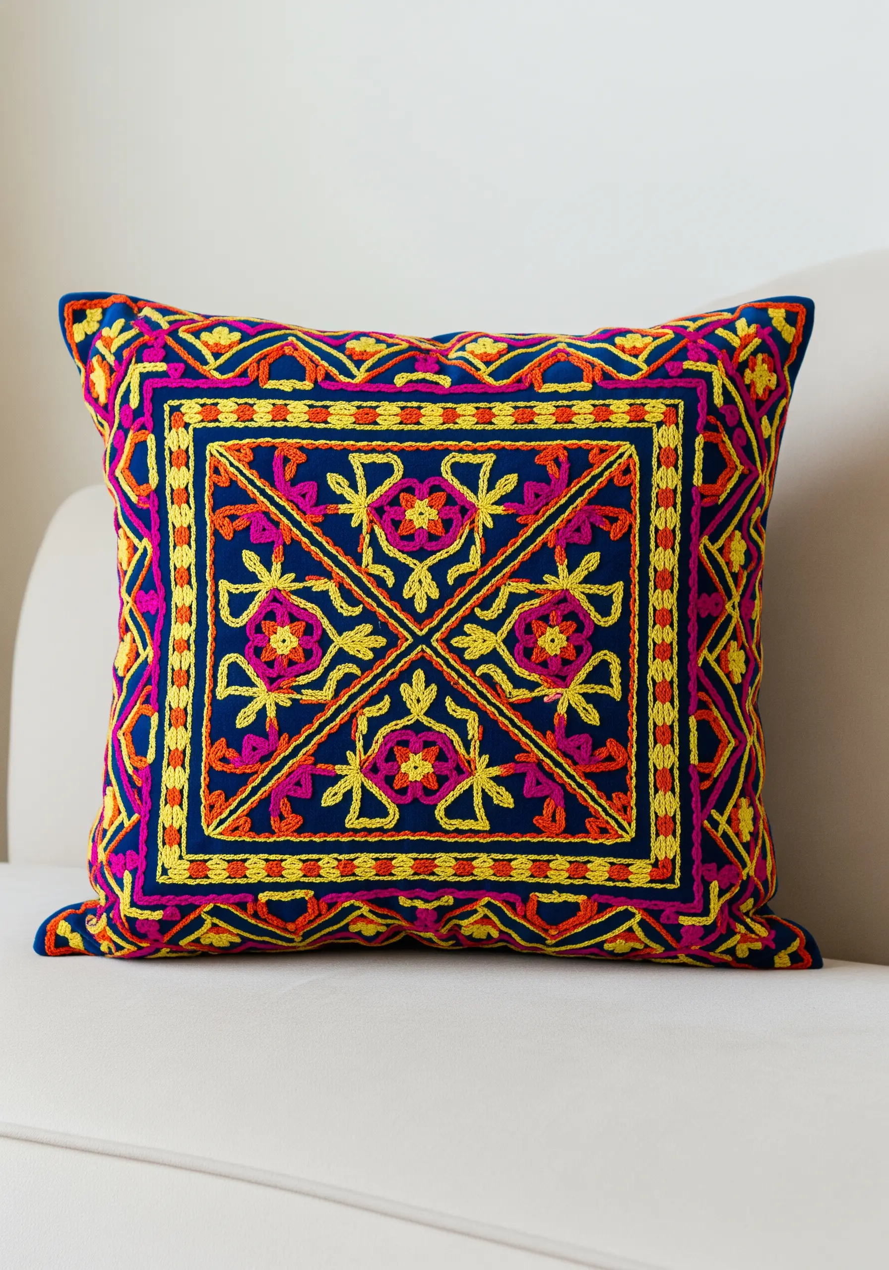 Vibrant Suzani-inspired geometric floral pattern on a dark blue cushion